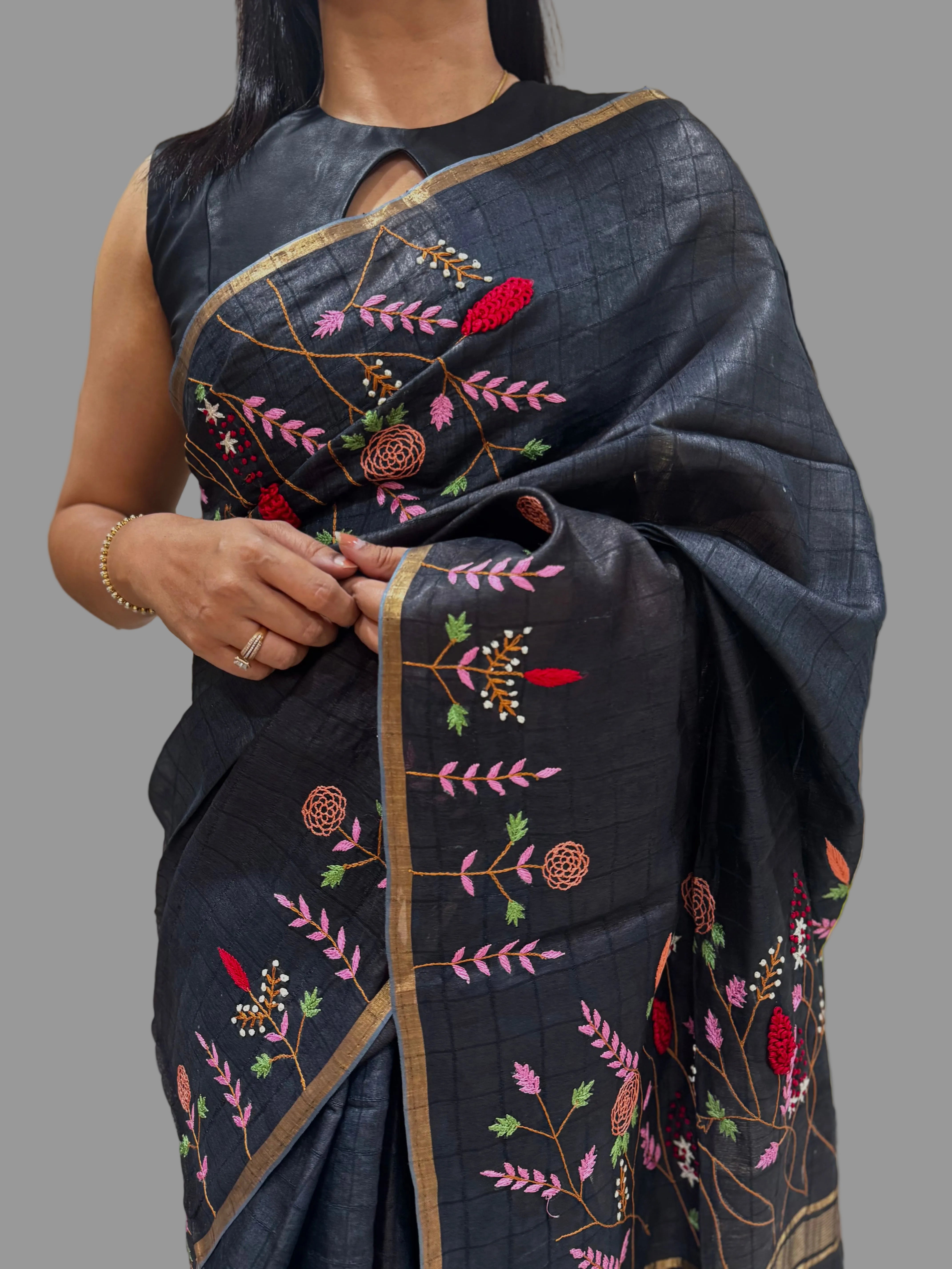 Black checks pure Tussar embroidery work saree
