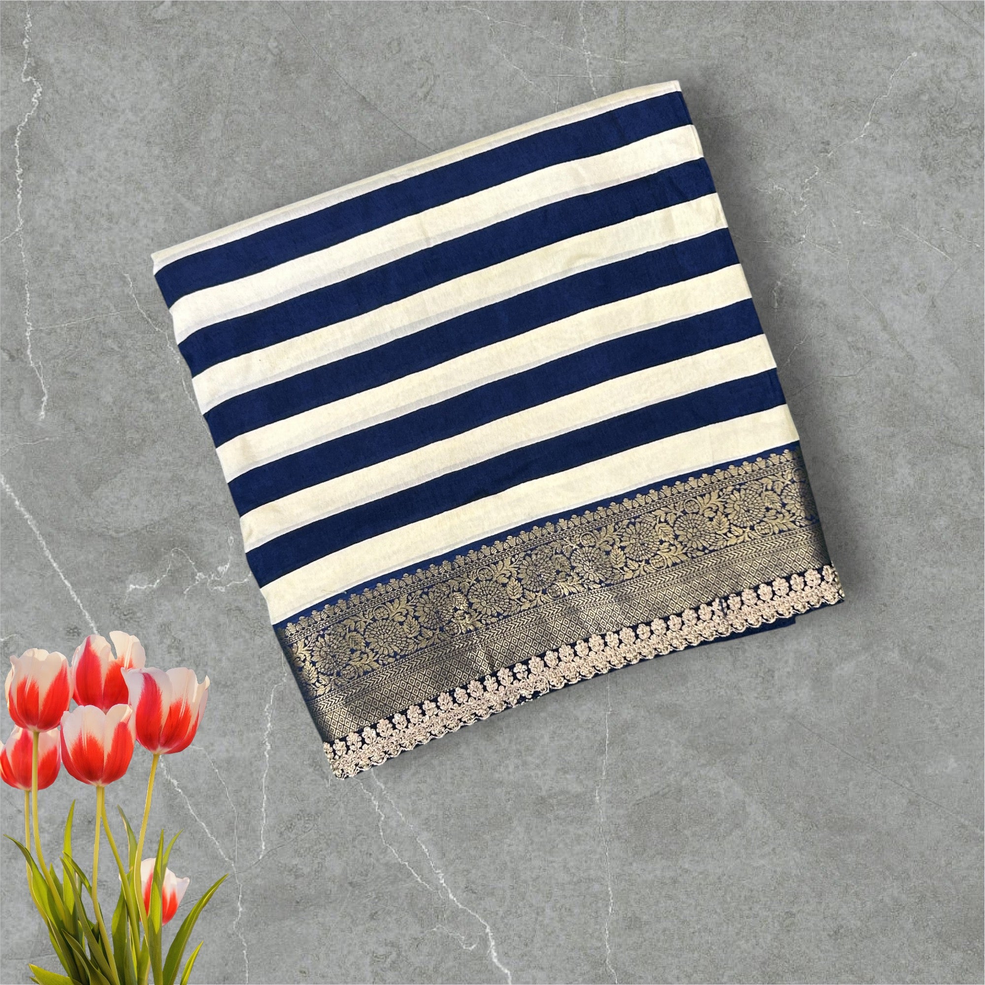 Blue stripes scallop dola crepe saree