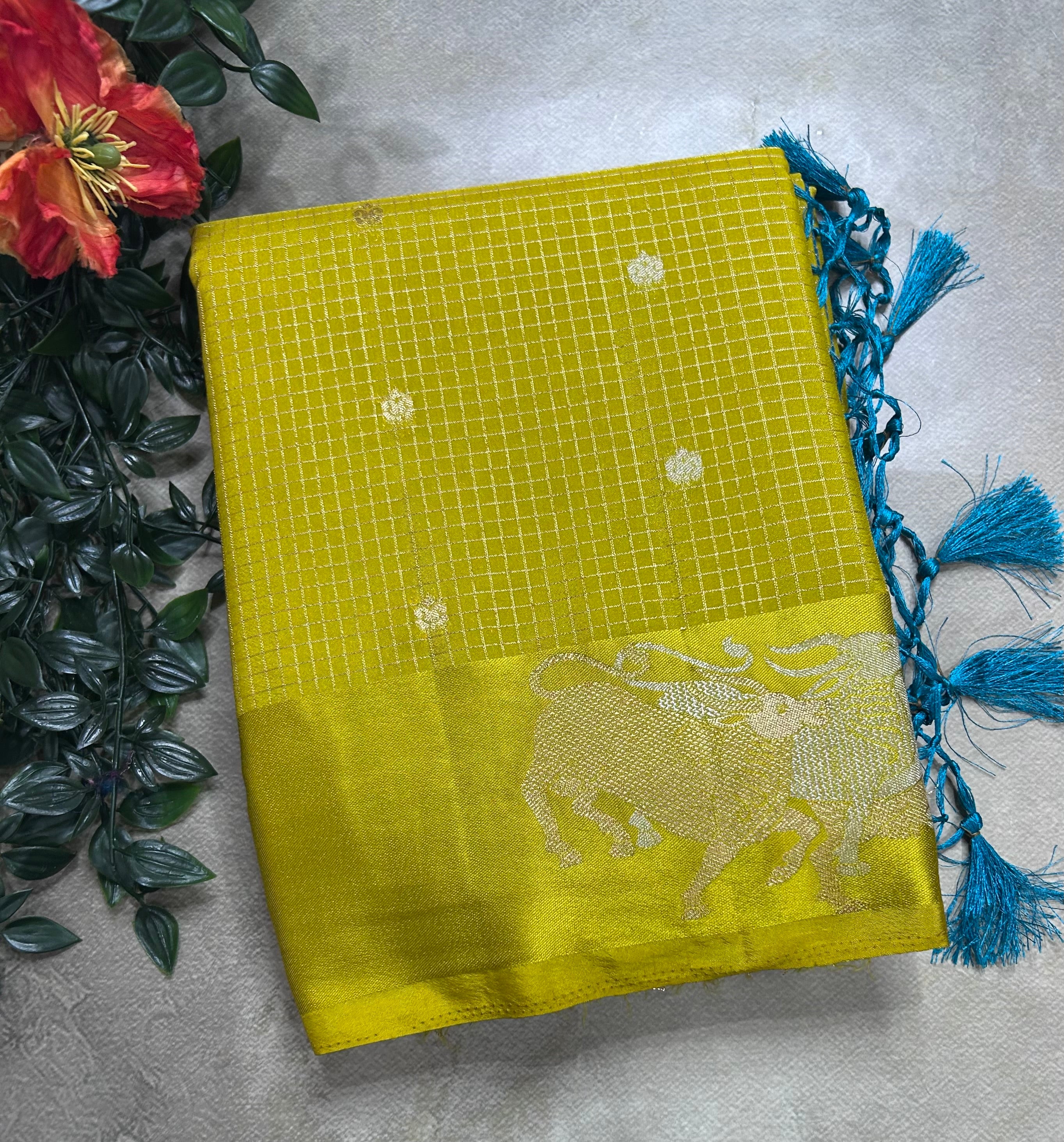Neon green small checks semi Mysore crepe 106 saree