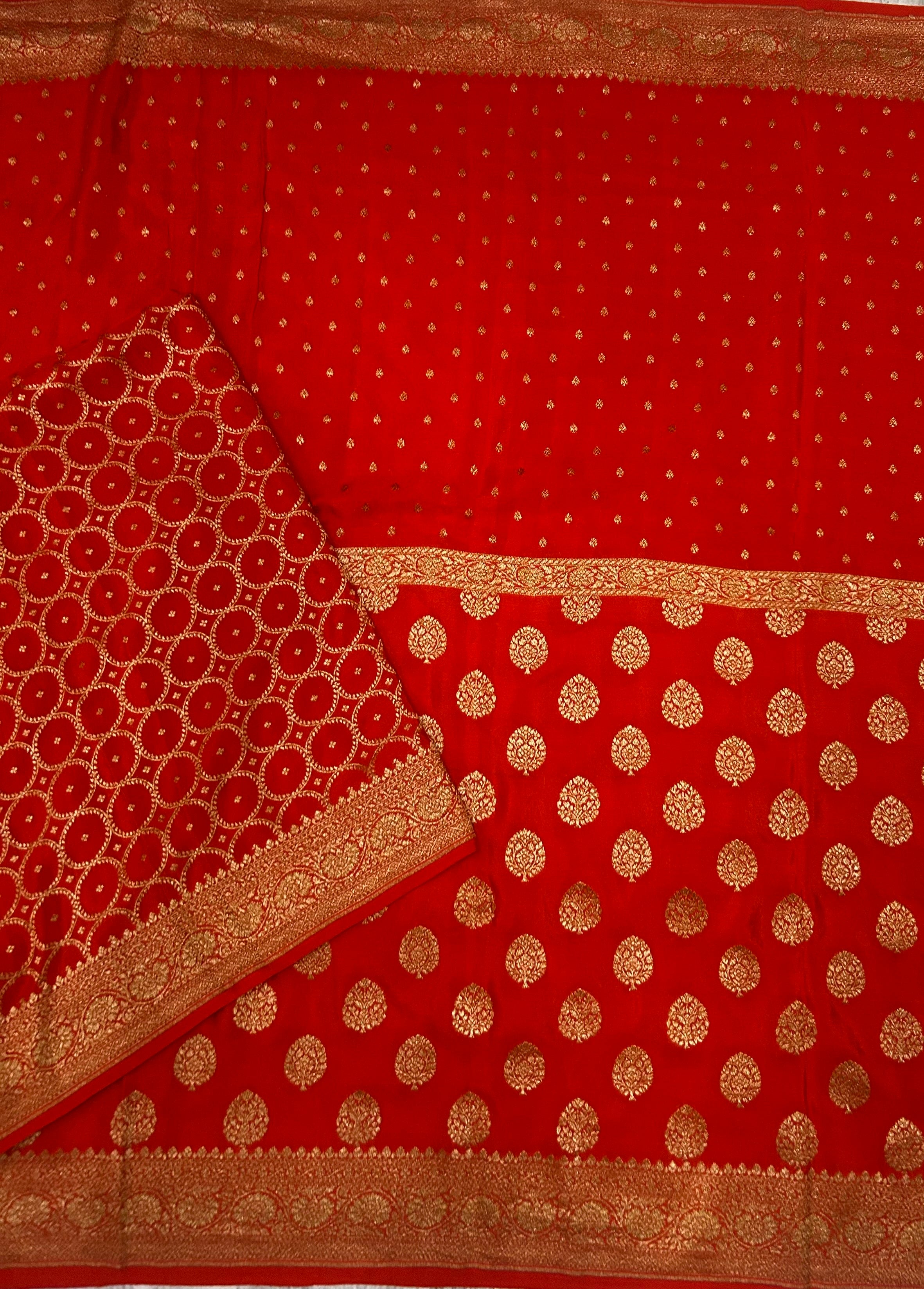 Reddish orange small n big butta pure benarasi crepe 103 saree