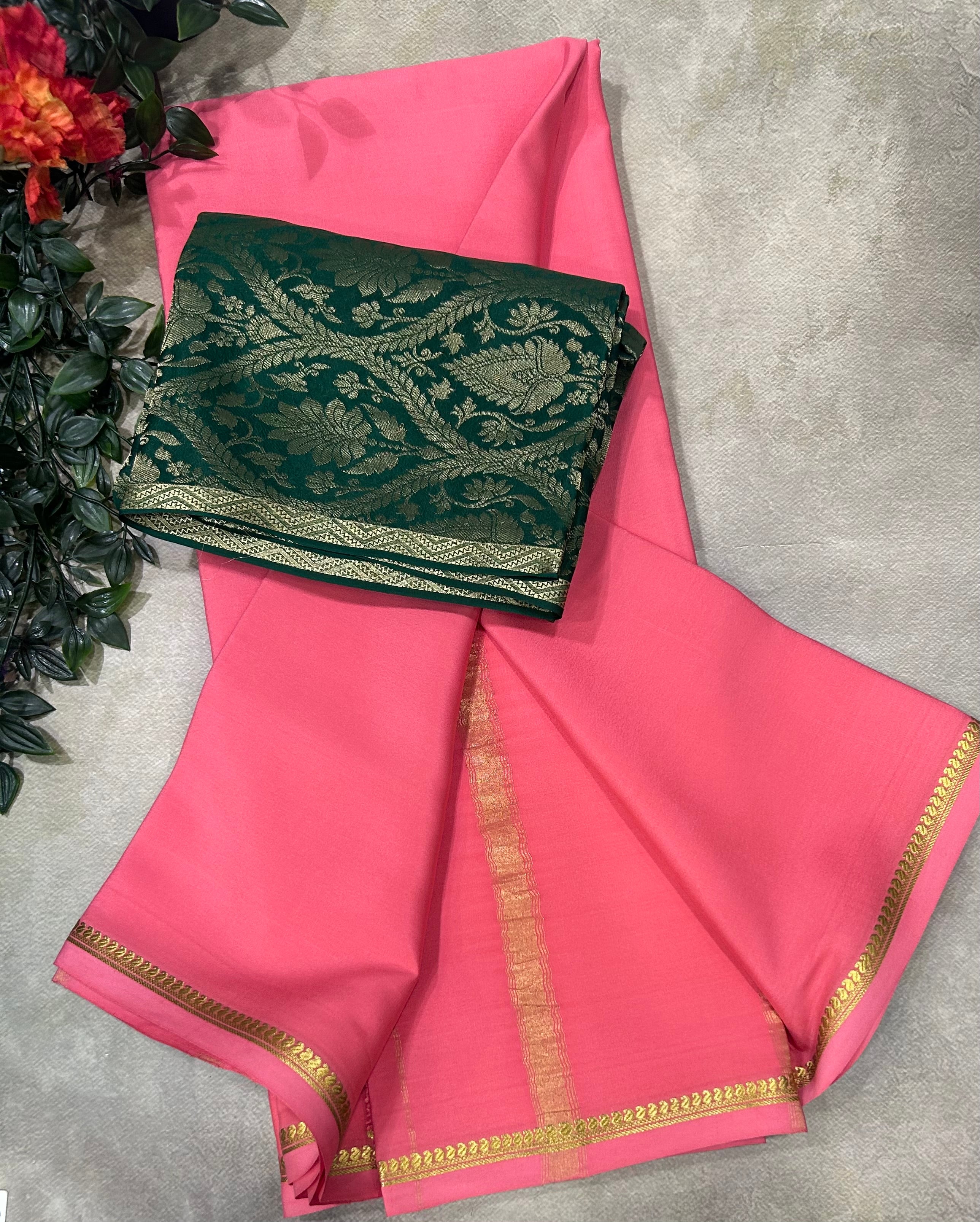 Pastel pink plain pure mysore crepe silk saree with Mysore brocade blouse piece(MSM106)