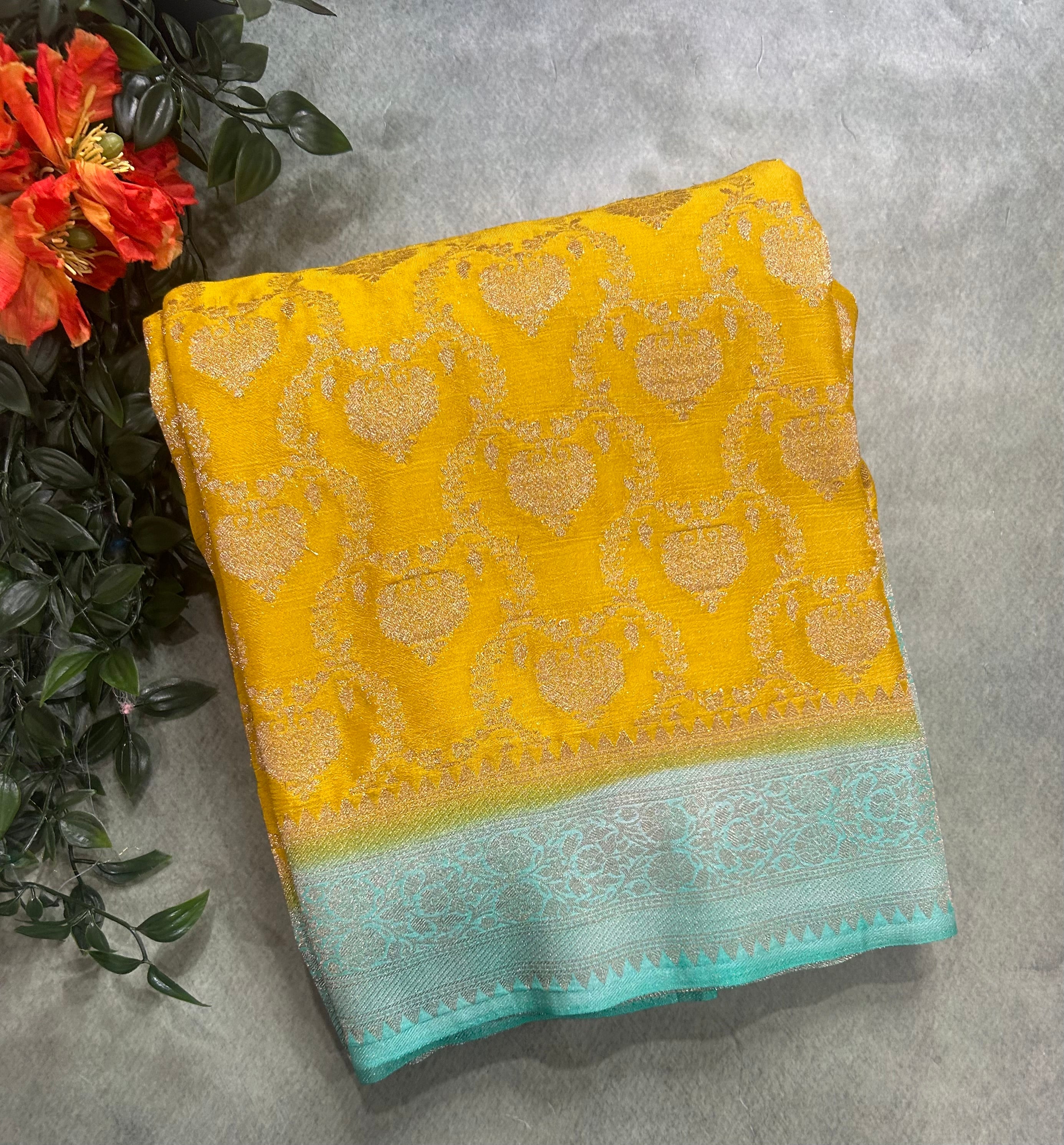Yellow contrast Jaal brocade semi georgette 104 saree