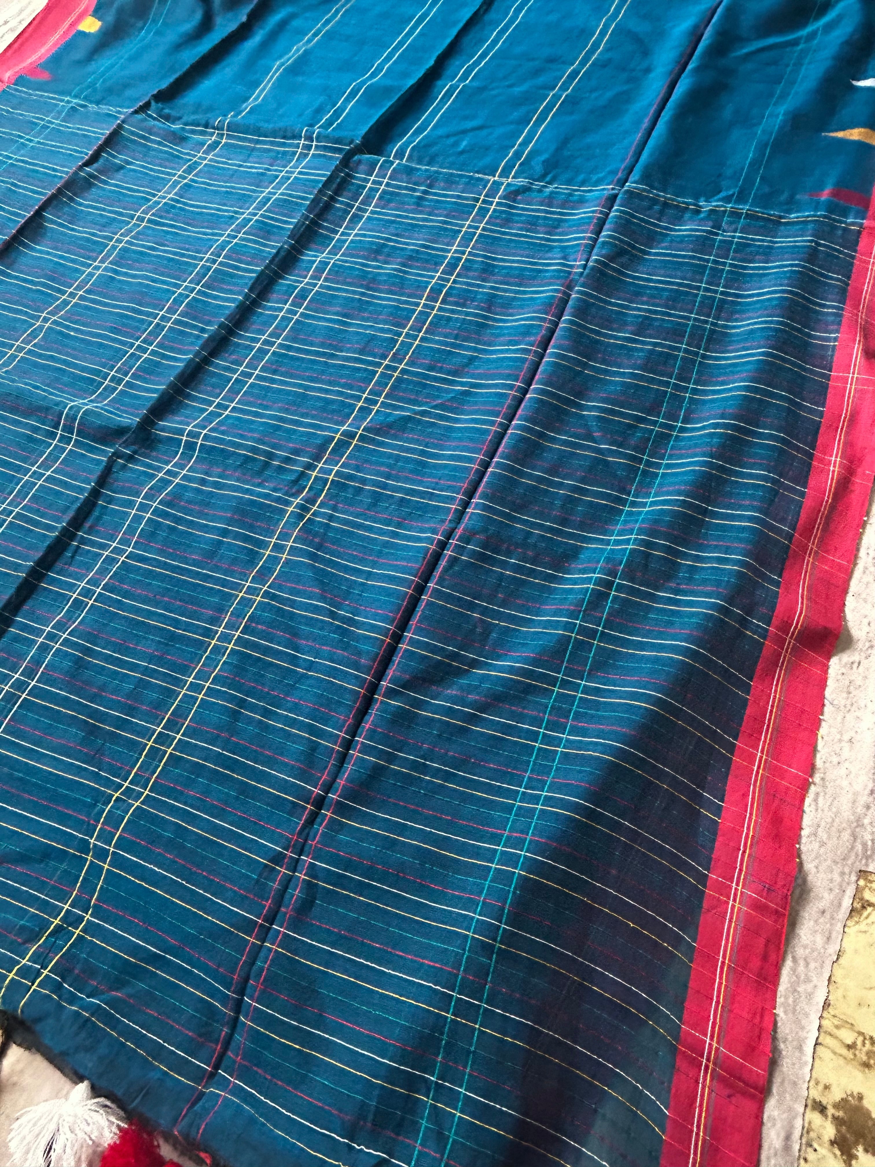 Peacock blue cotton 103 jamdani saree
