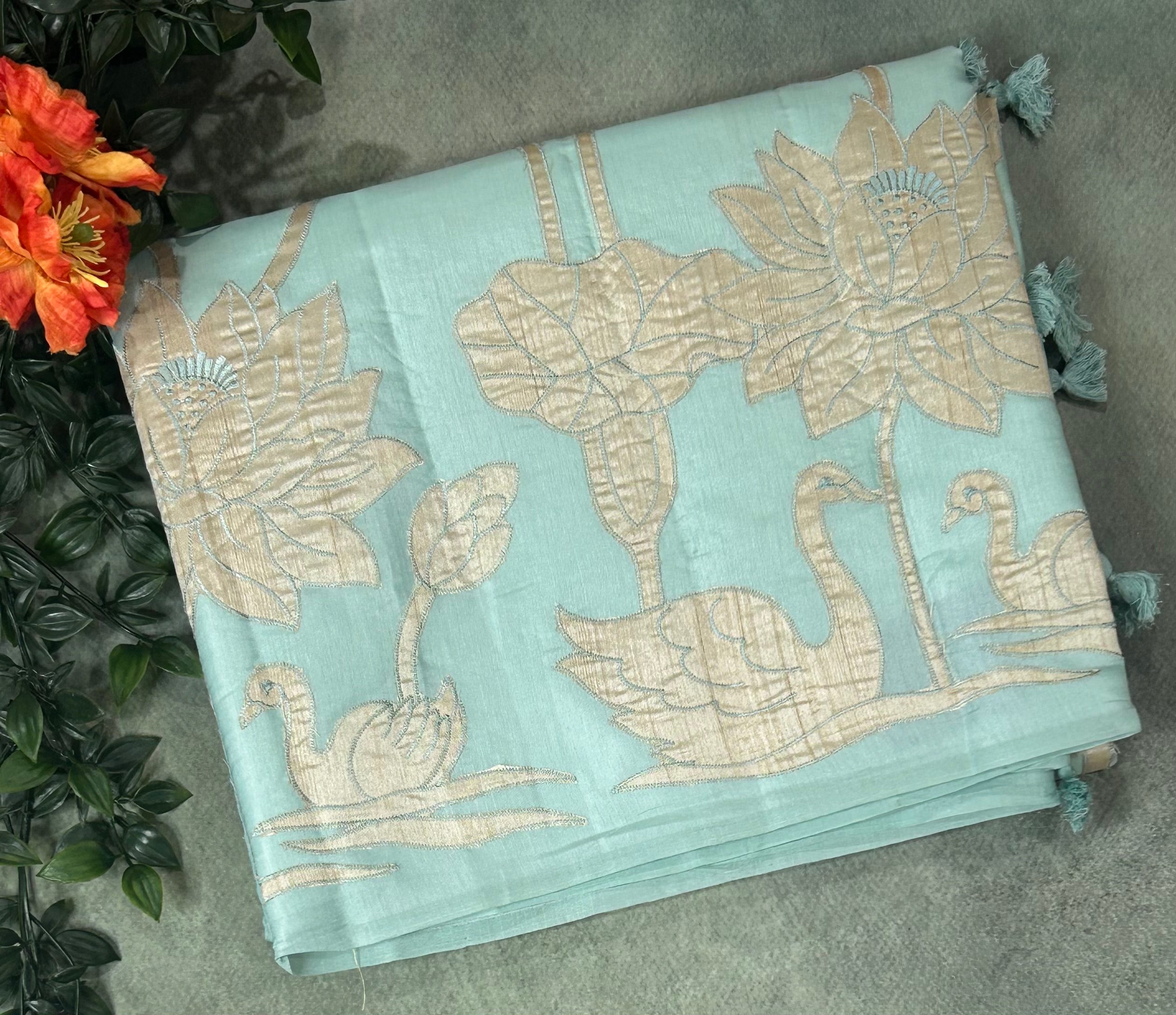 Pastel blue semi Tussar appliqué work-101 saree