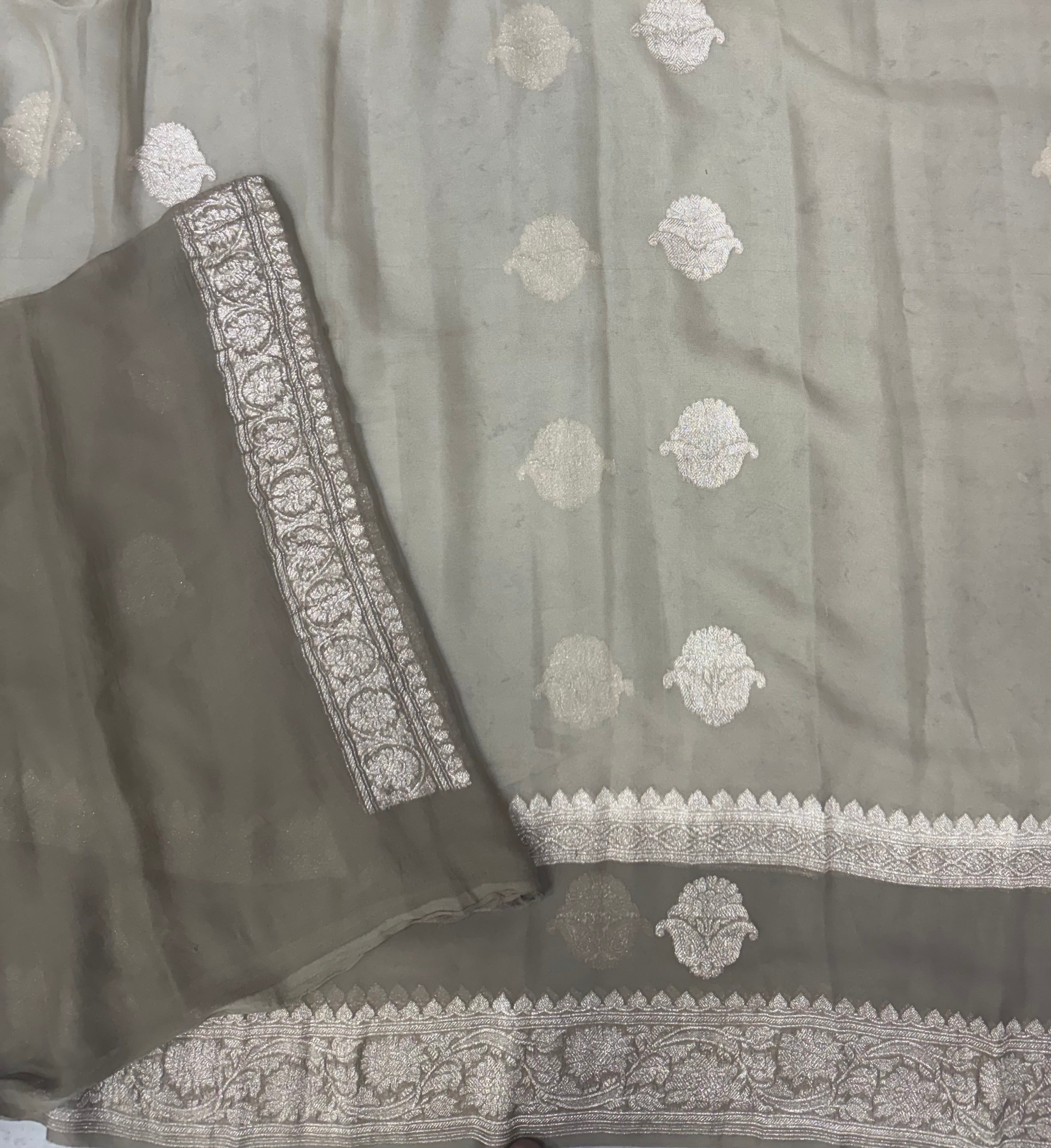 Cream n light grey benarasi double border pure chiffon saree