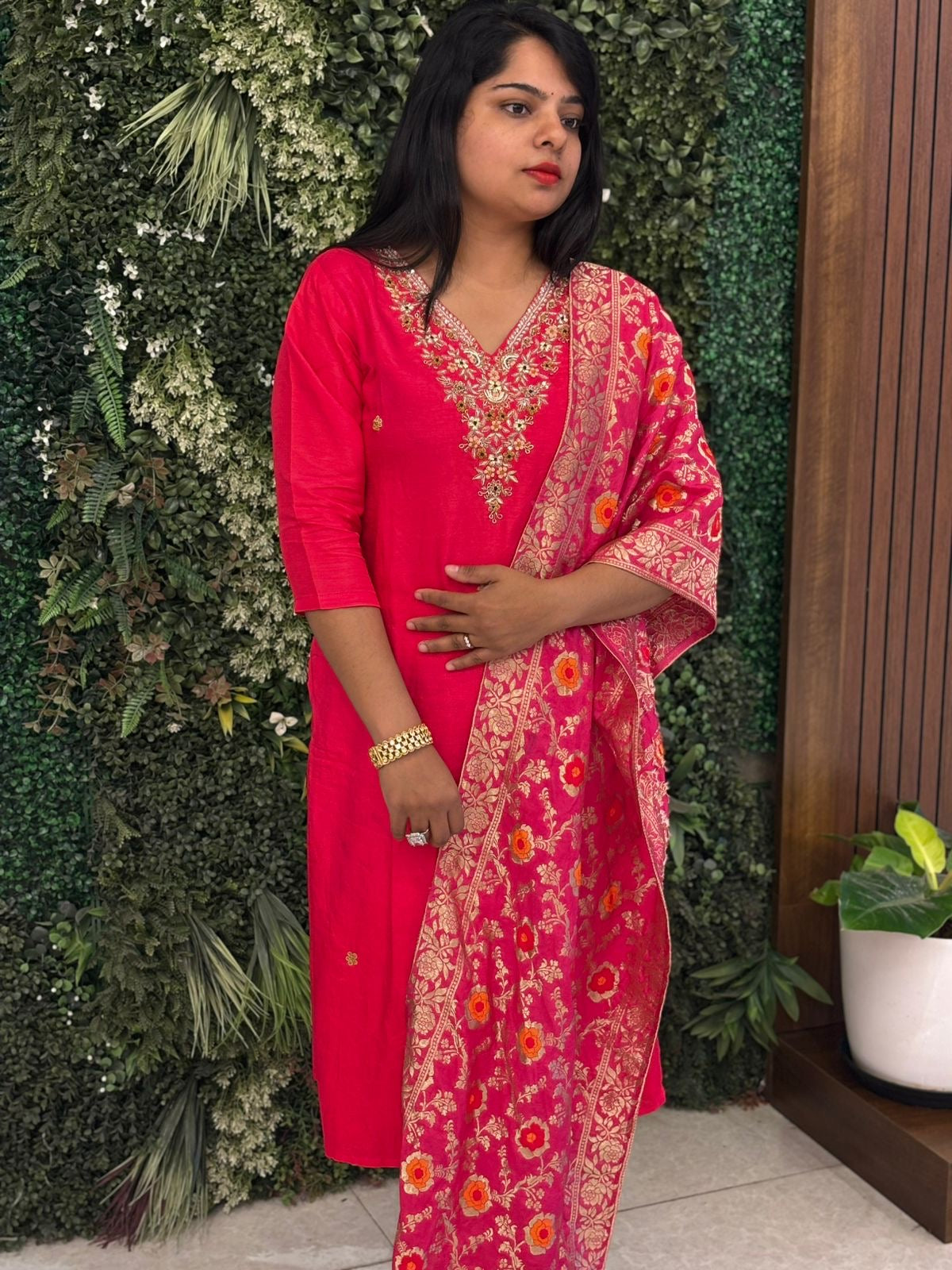 “Chandini" Pink silk Kurtha suit with work
