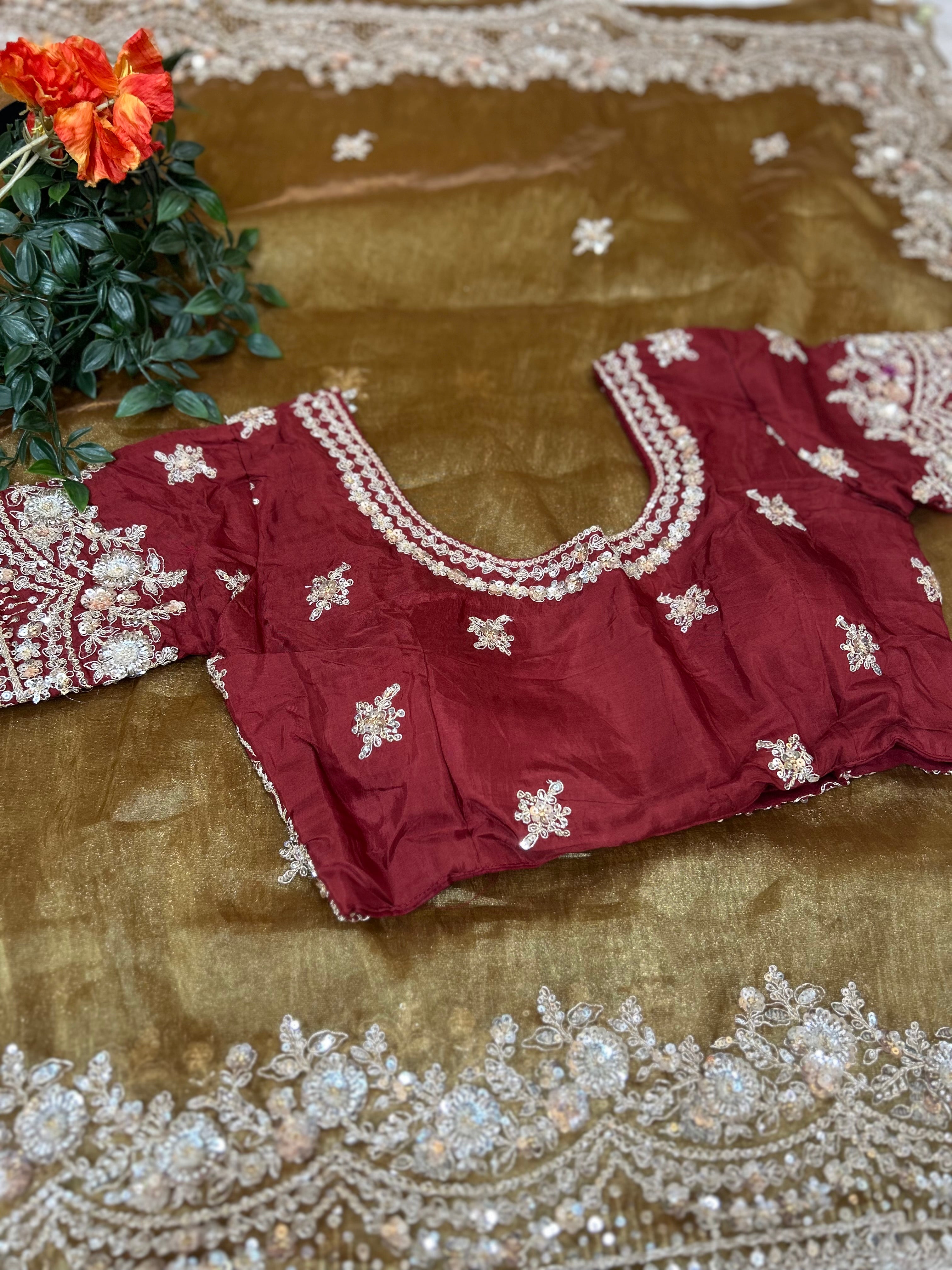 Pastel brown small Butta party wear with stitched blouse-10 saree