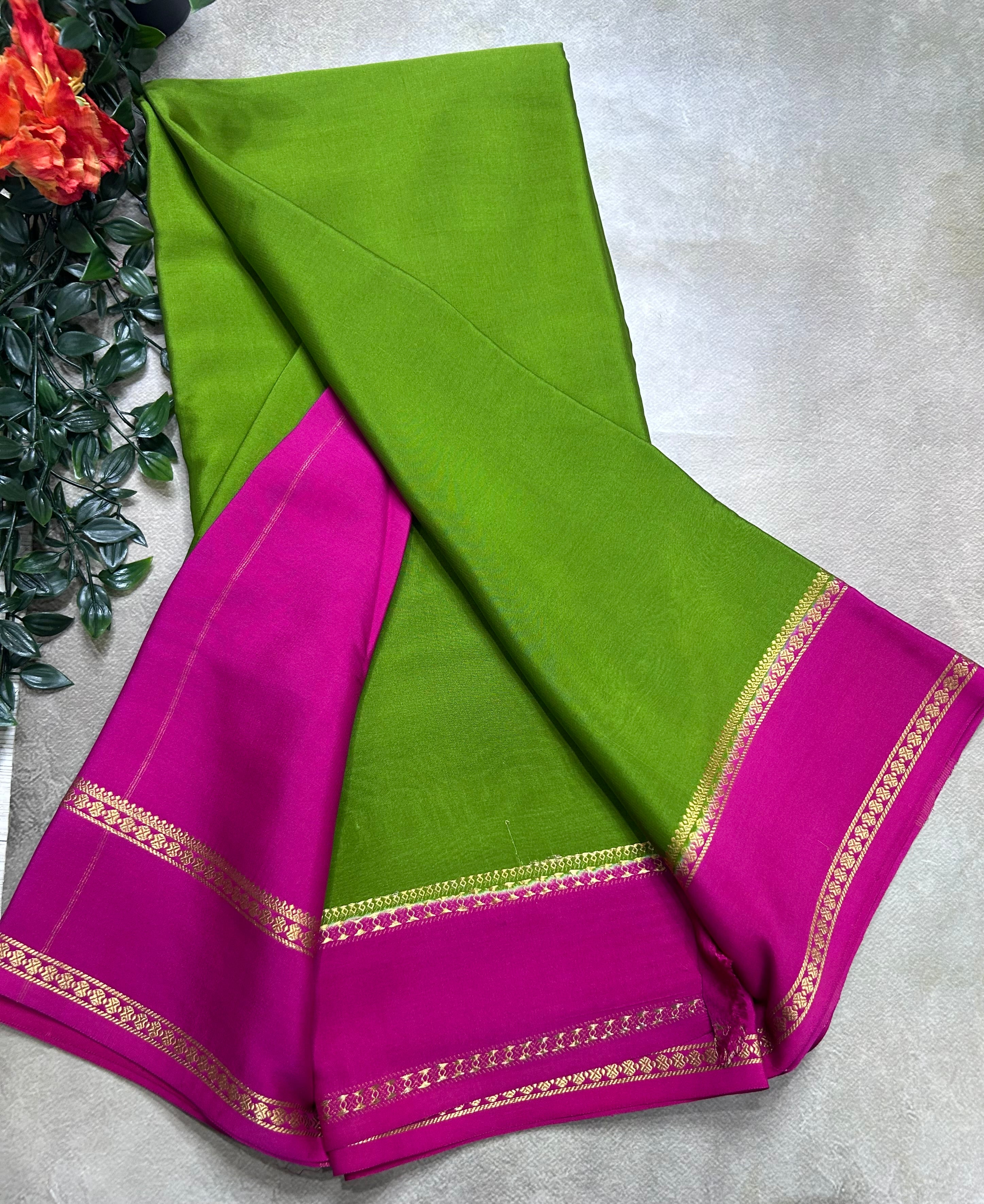 Light green n pink plain bentex border pure mysore silk saree(BMS105)