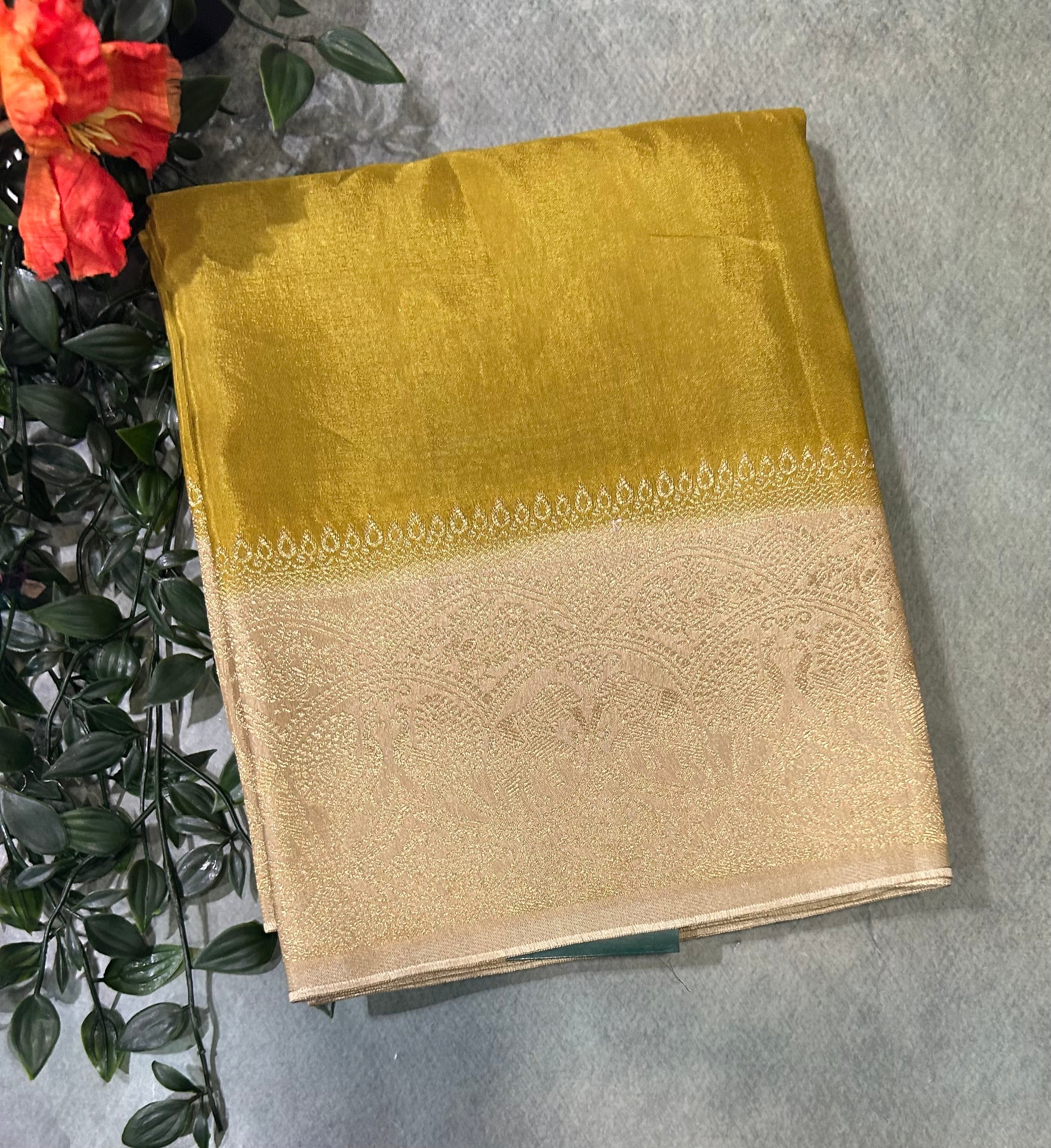 Olive green  contrast border semi Mysore 105 saree