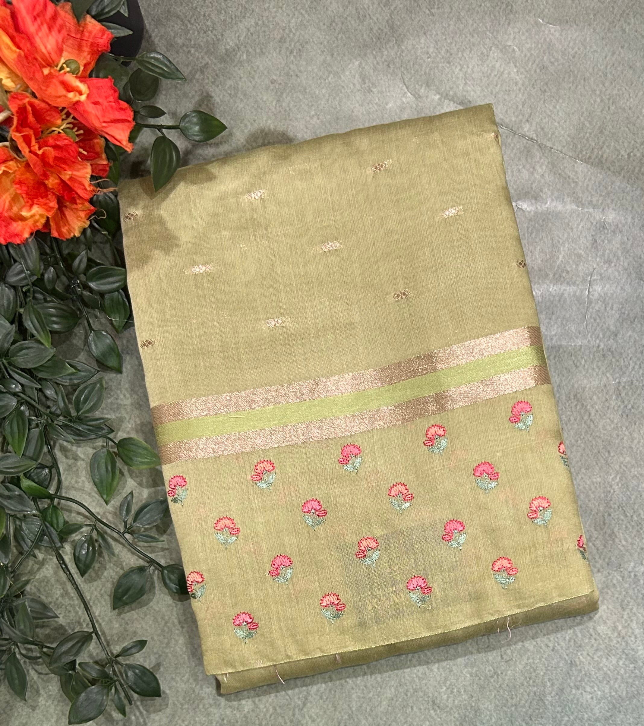 Pastel green embrodiery butta border soft tussar crepe 104 saree