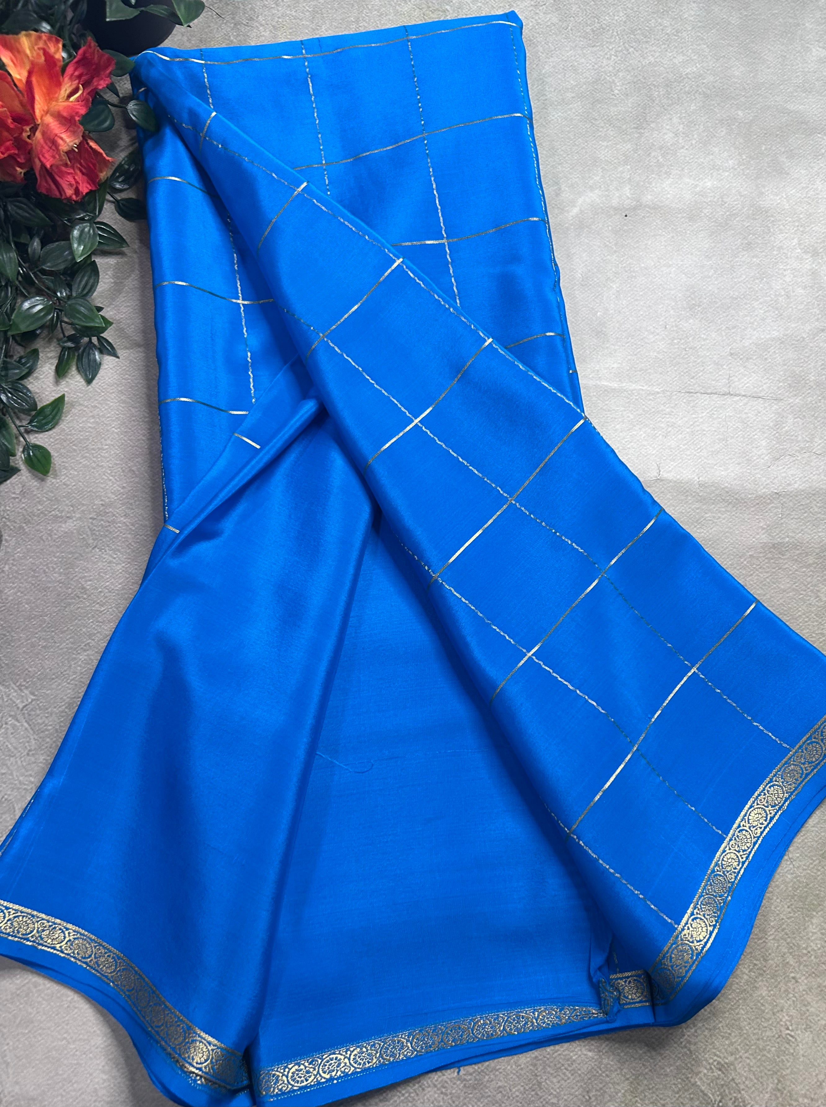 Blue big checks pure Mysore silk 106 saree