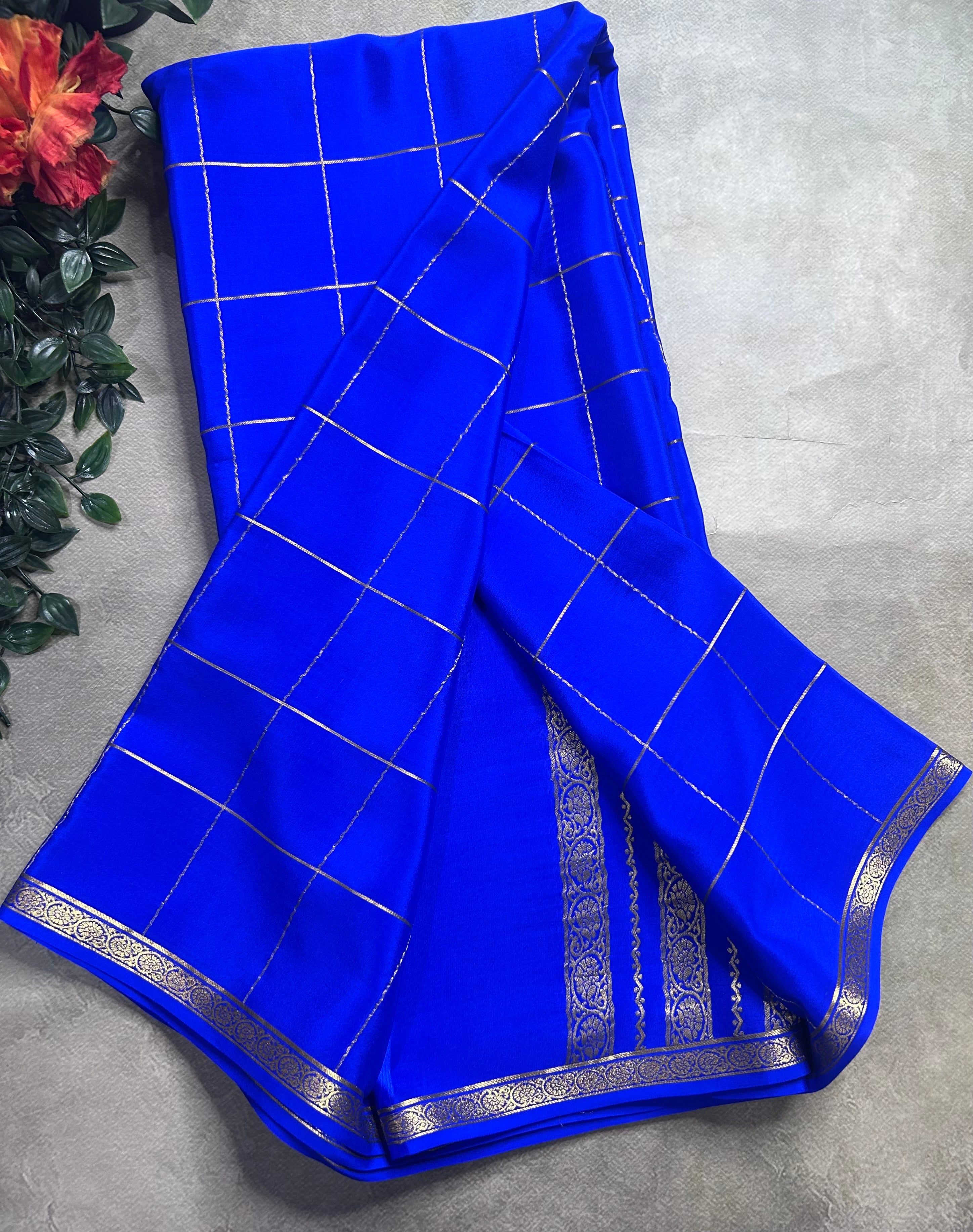 Royal blue big checks pure Mysore silk 106 saree