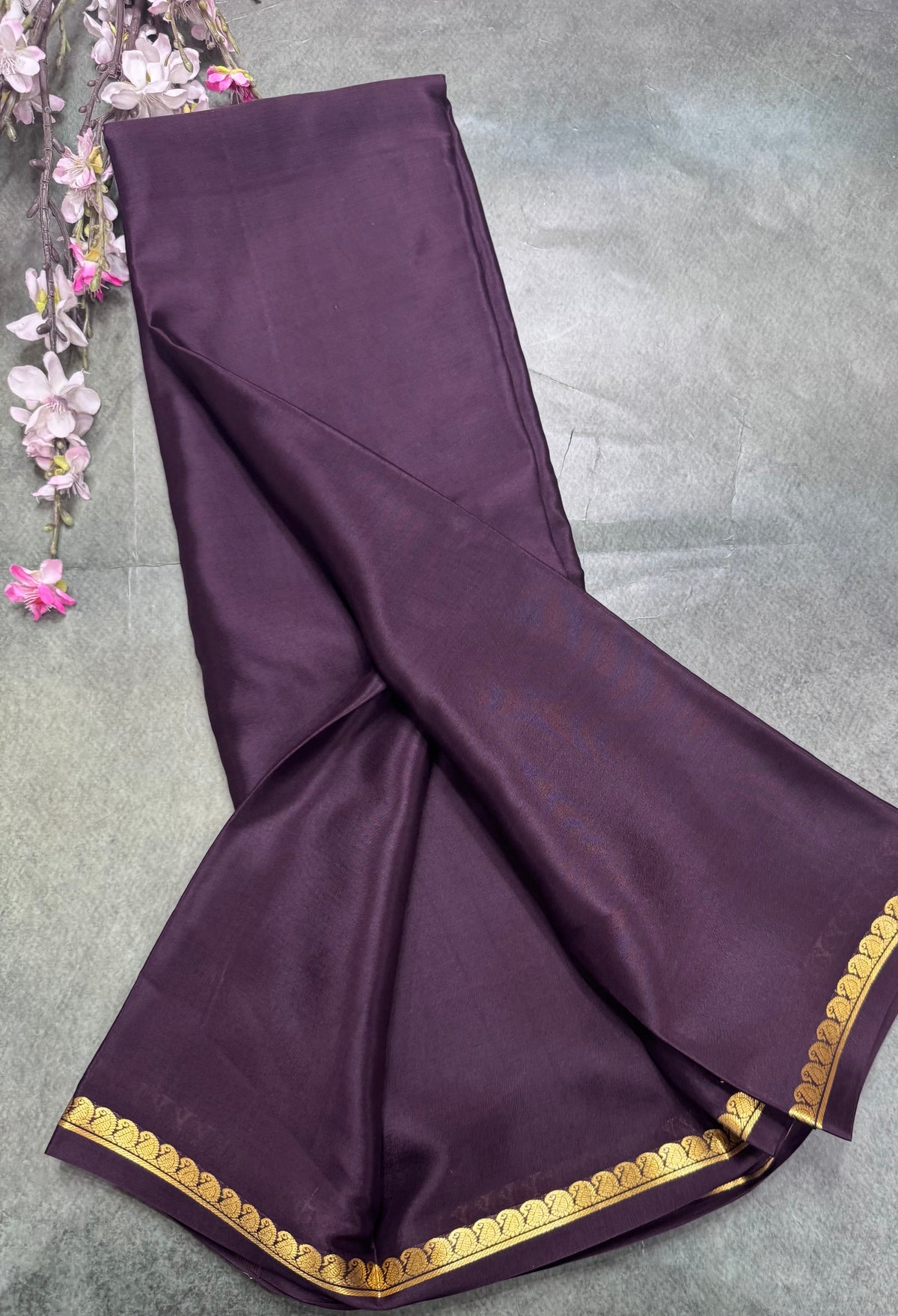 Dark brown one inch border pure Mysore silk saree