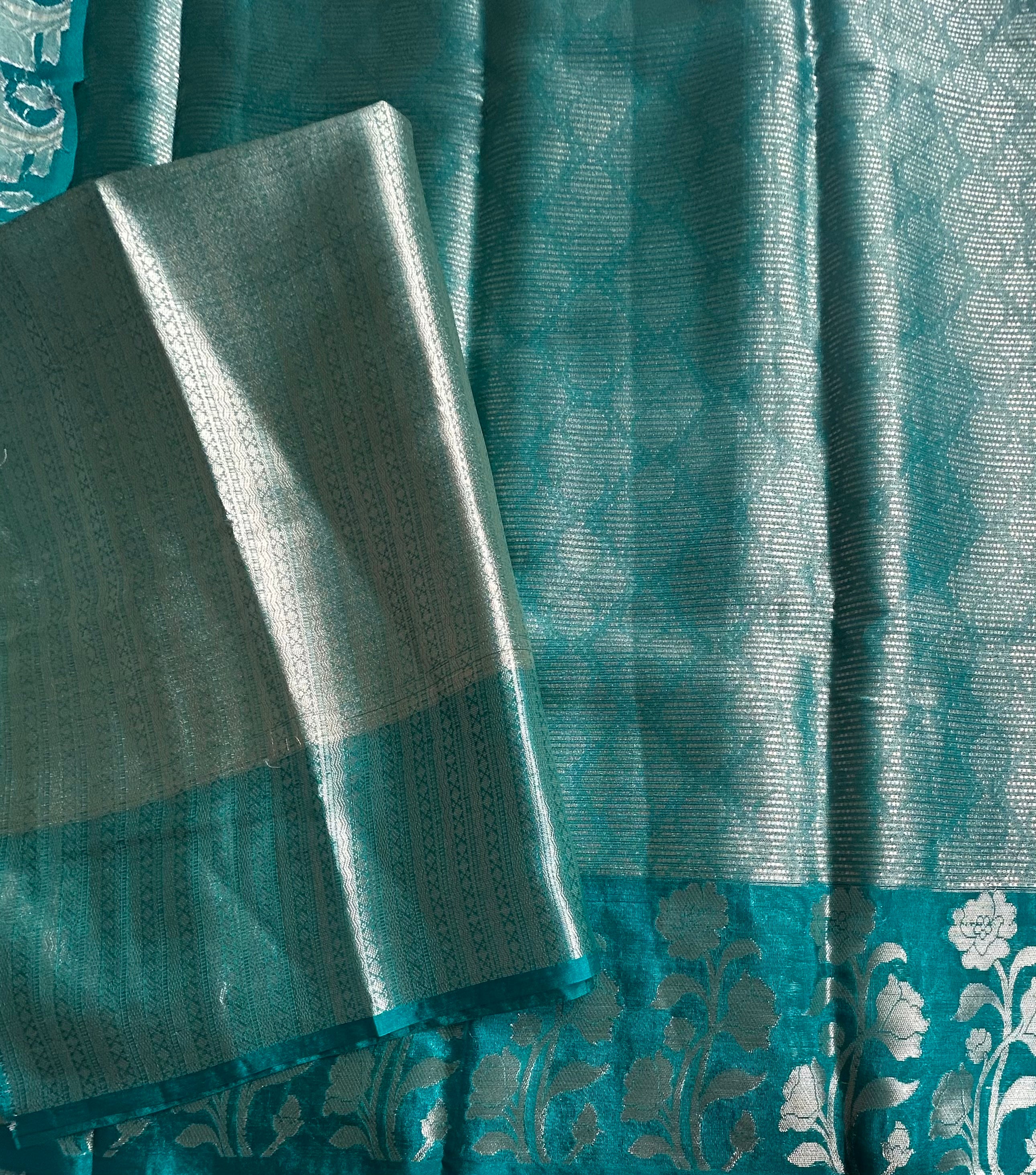 Rama green long border semi tissue saree