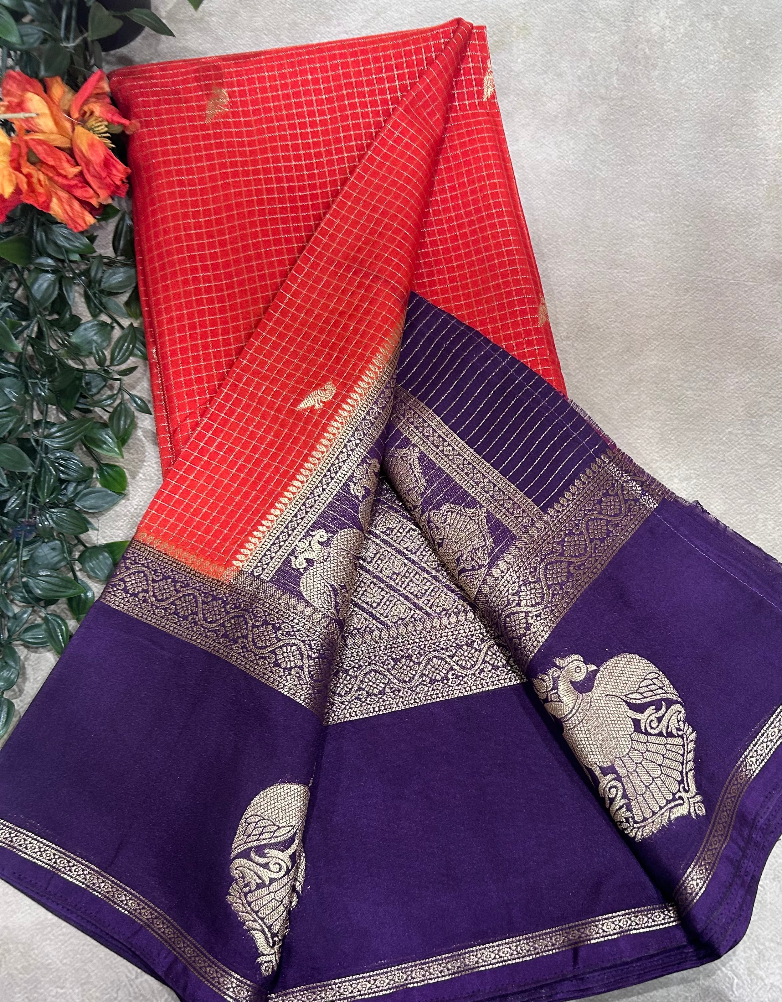 Orange gandaberunda border semi Mysore crepe 106 saree