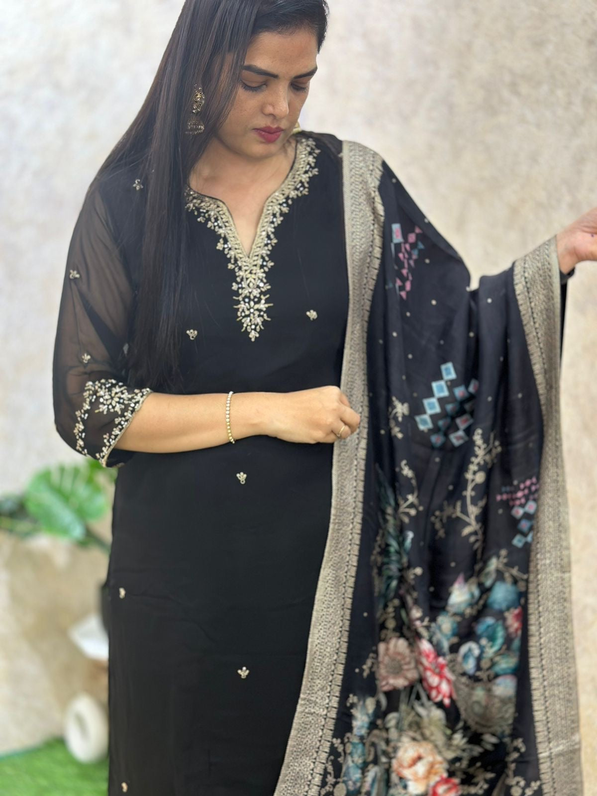Meena Black Georgette Handwork kurtha 663