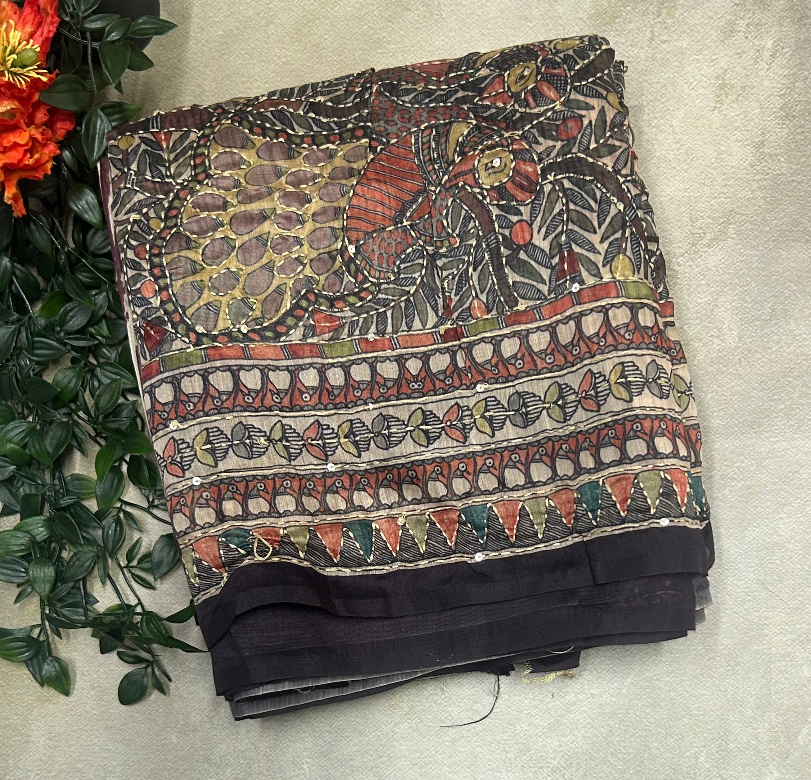 Cream stripes kalamkari pallu embroidery border semi Tussar saree