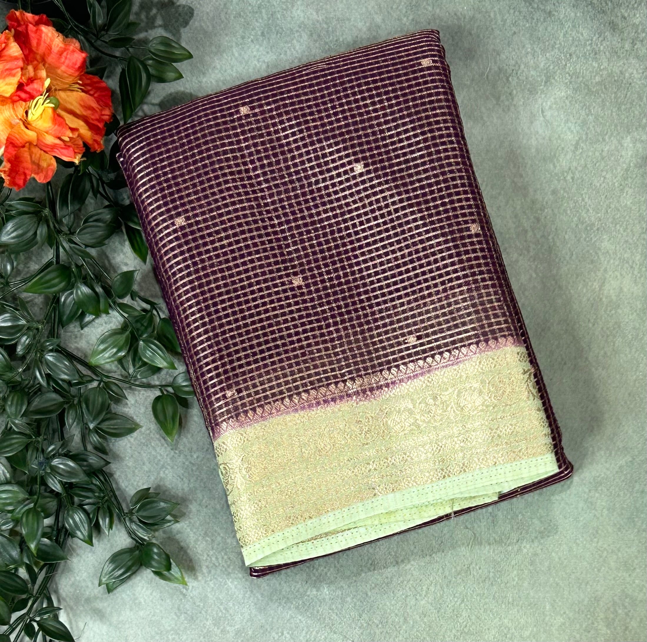 Wine small checks semi mysore crepe-12 saree