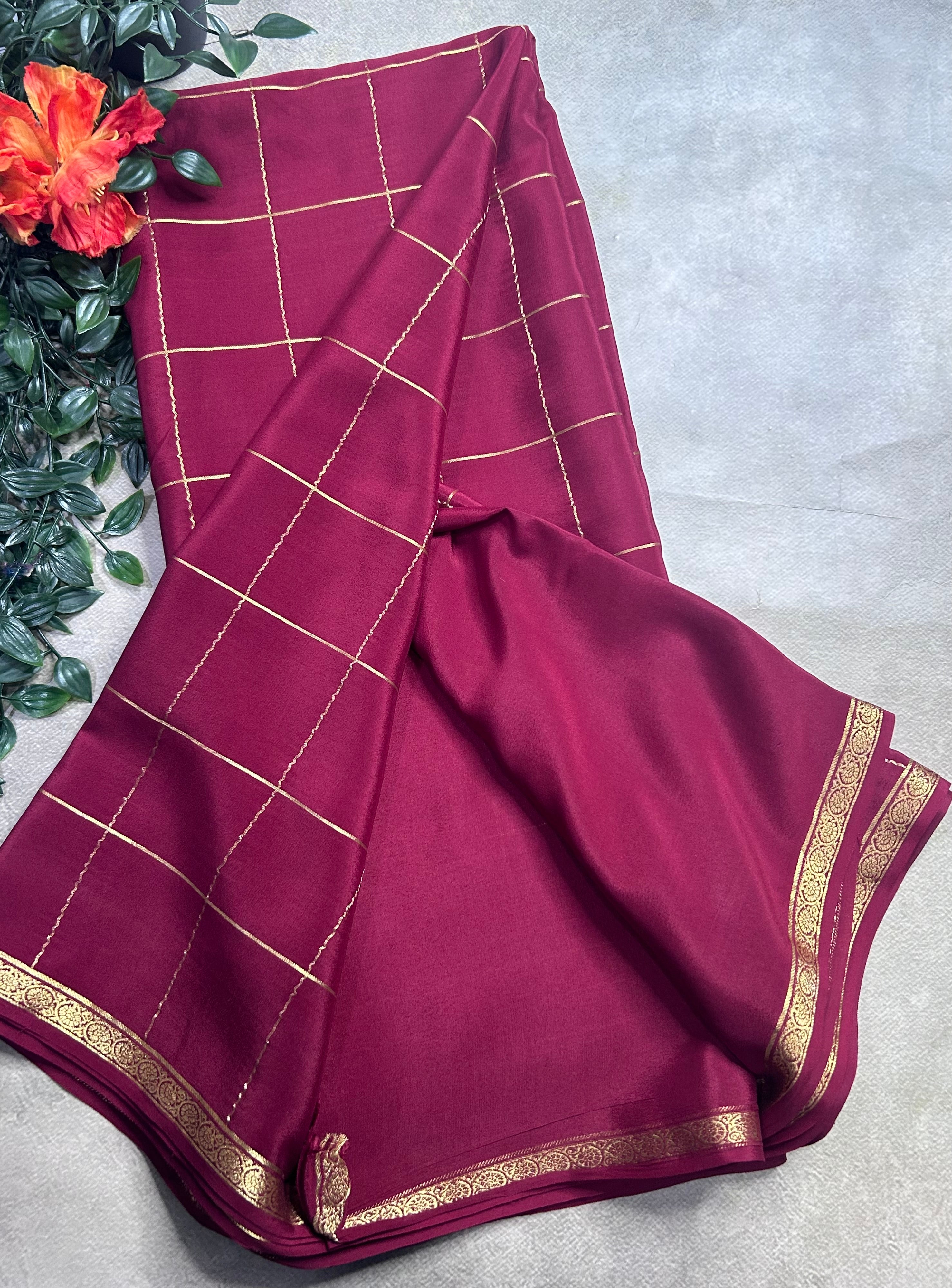 Dark maroon big checks pure Mysore silk 106 saree