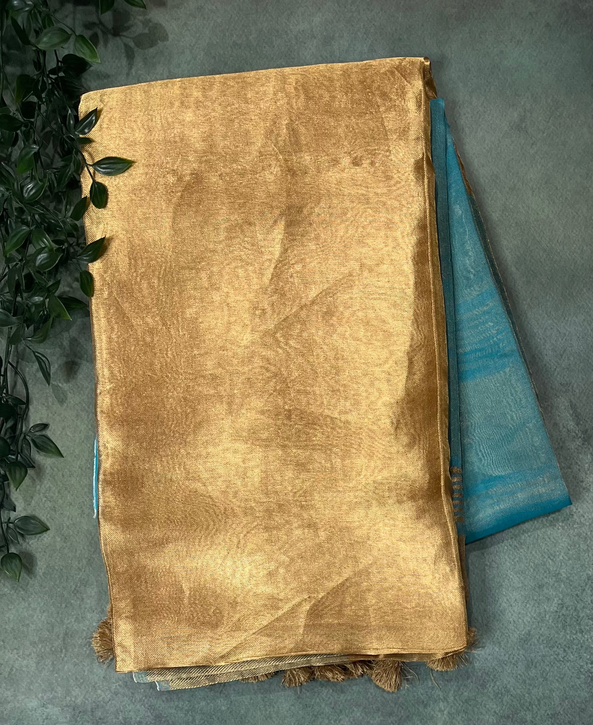 Light blue n gold pure silk linen tissue saree