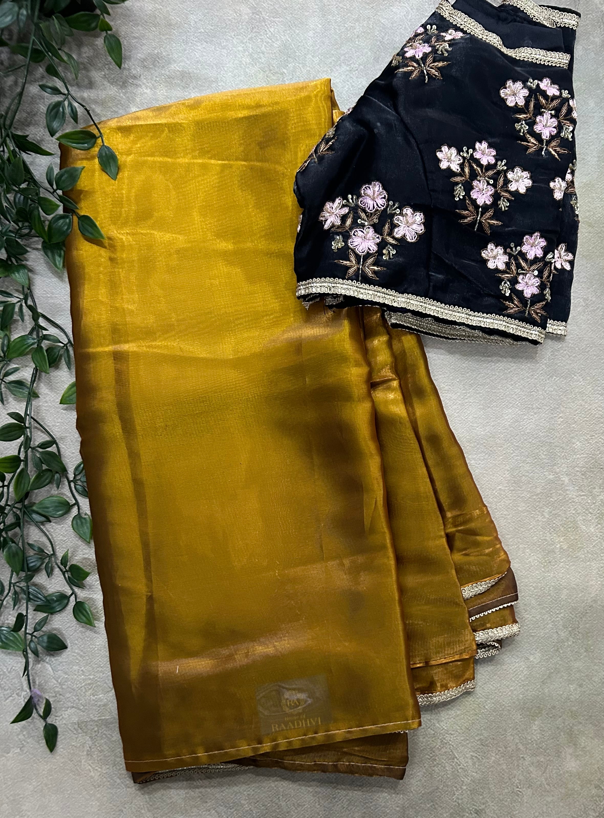 Dark mustard yellow with stitched blouse satin party wear saree