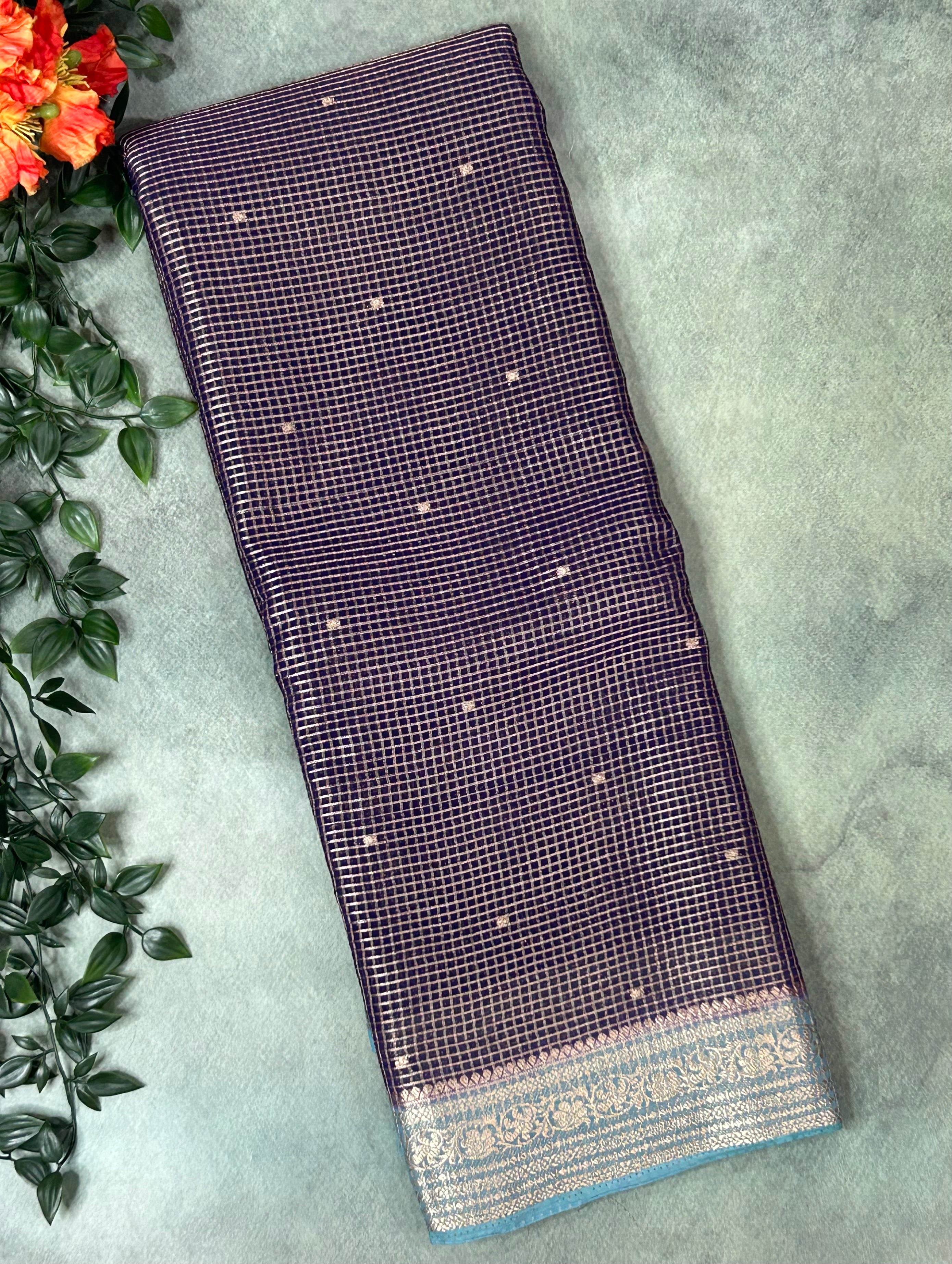 Purple small checks semi mysore crepe-12 saree