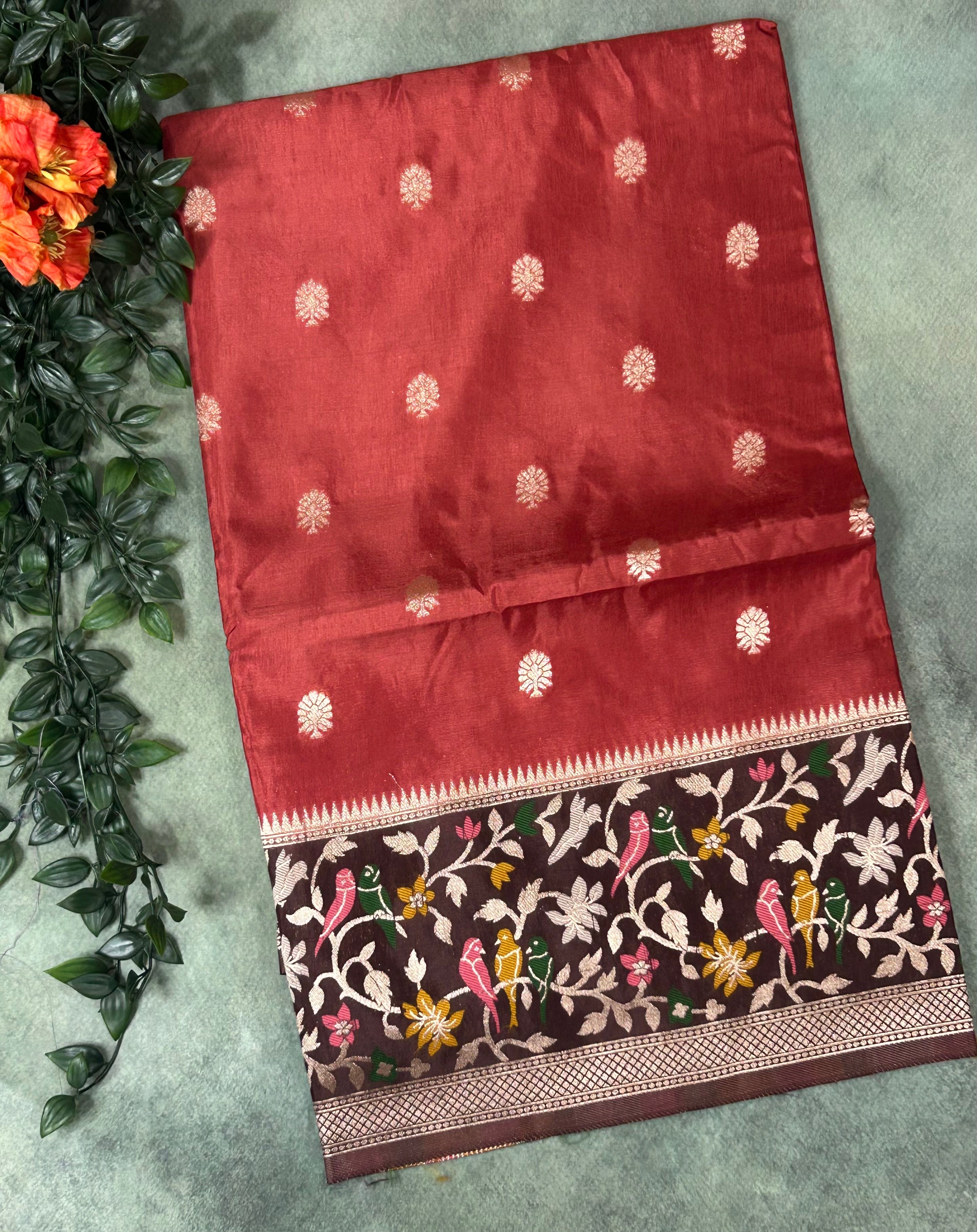 Brick red n brown crepe paithani border saree