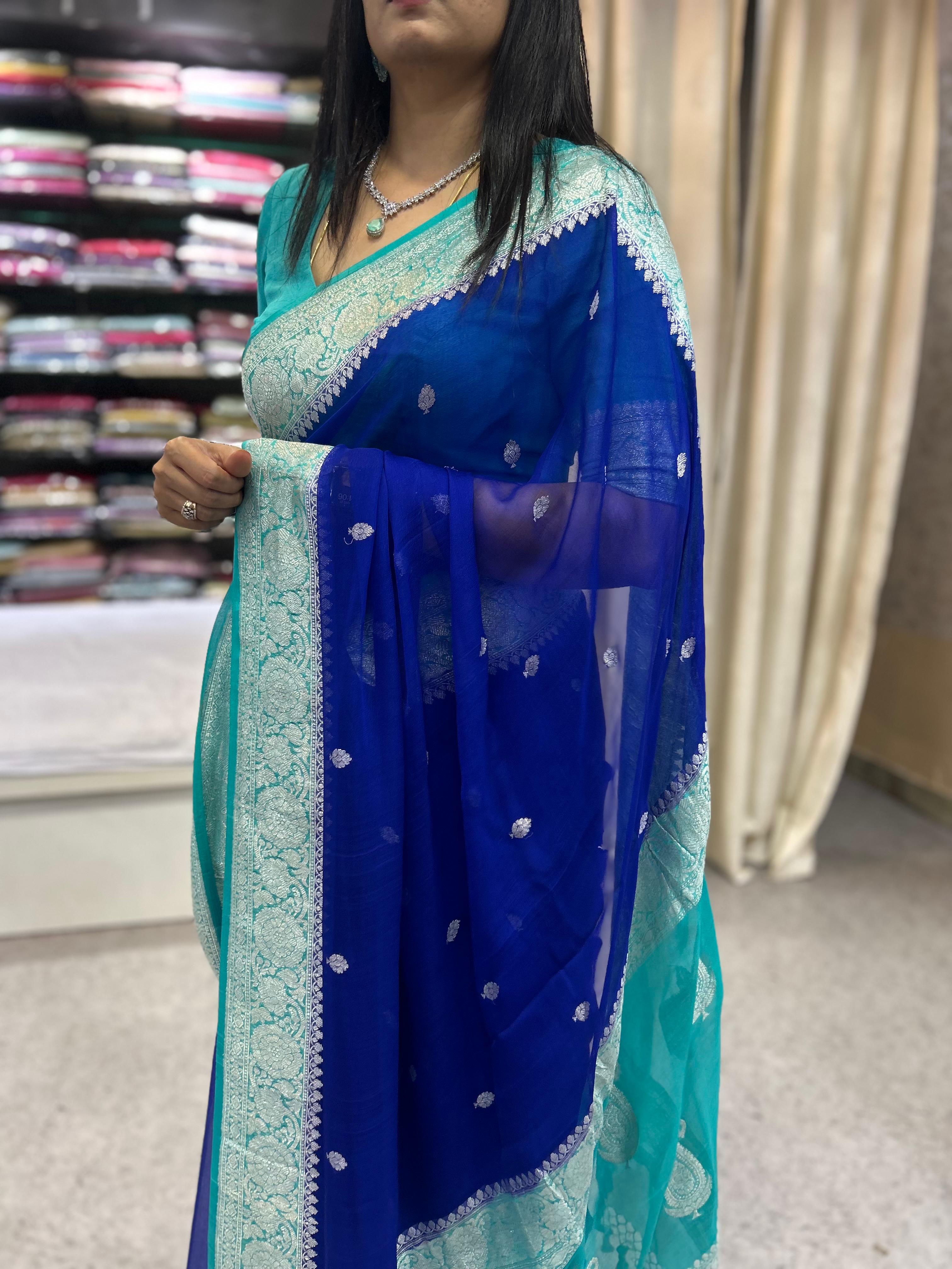 Blue with sky blue benarasi pure chiffon saree
