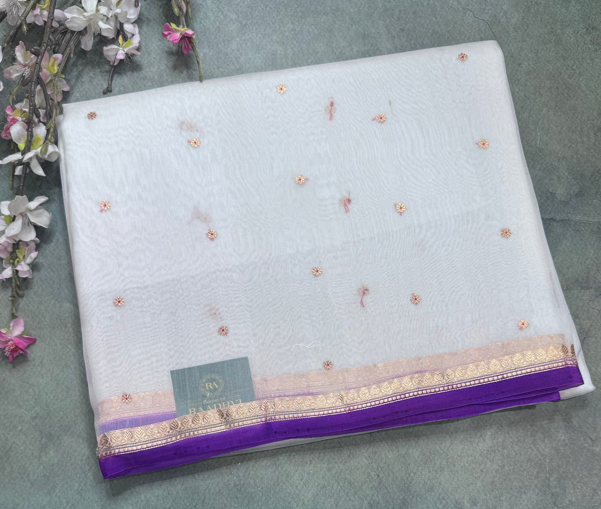 White n purple pure Kora Organza Saree 111