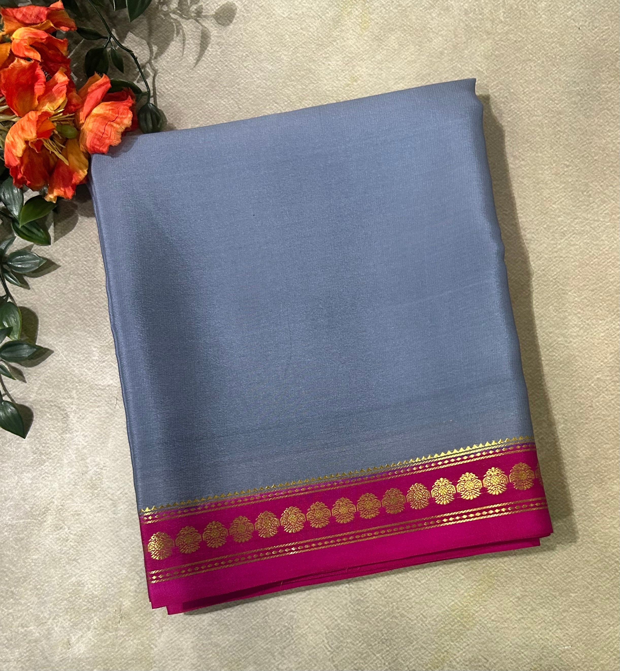 Grey small border pure Mysore silk 104 saree
