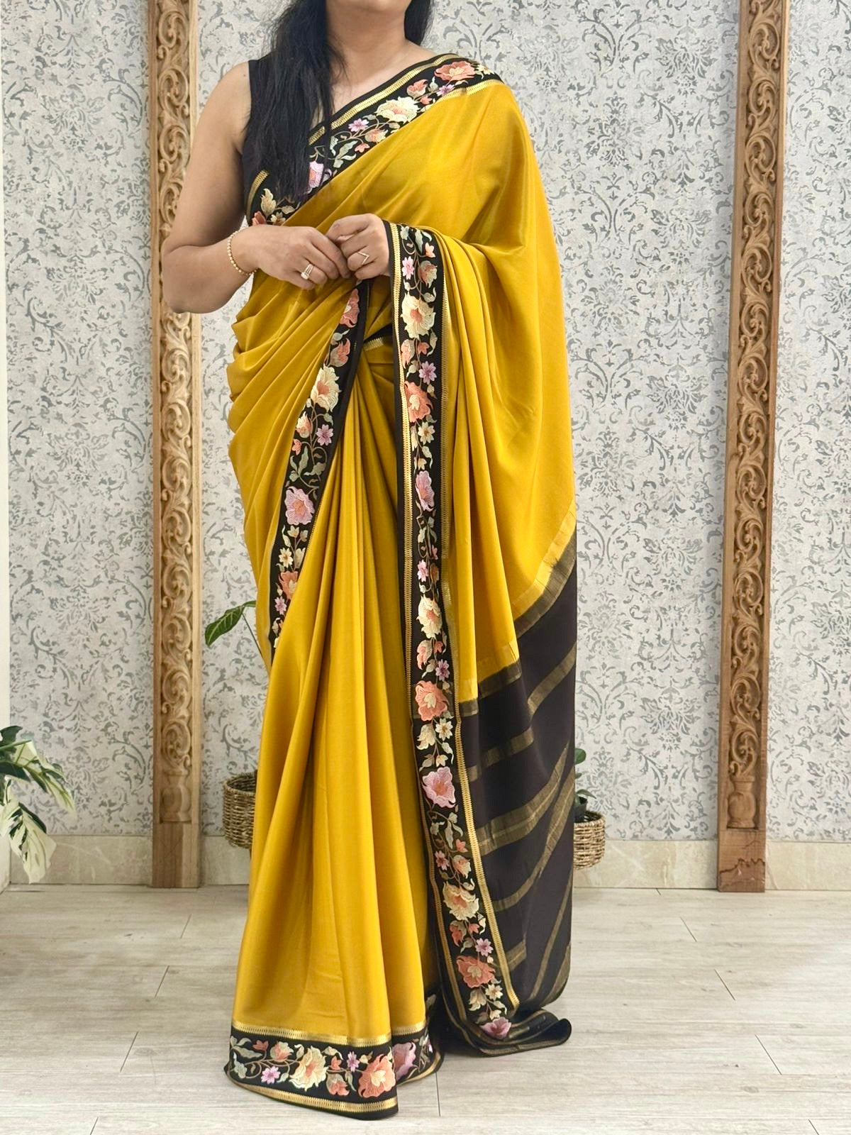 Mustard yellow black pure mysore crepe silk saree EMS107