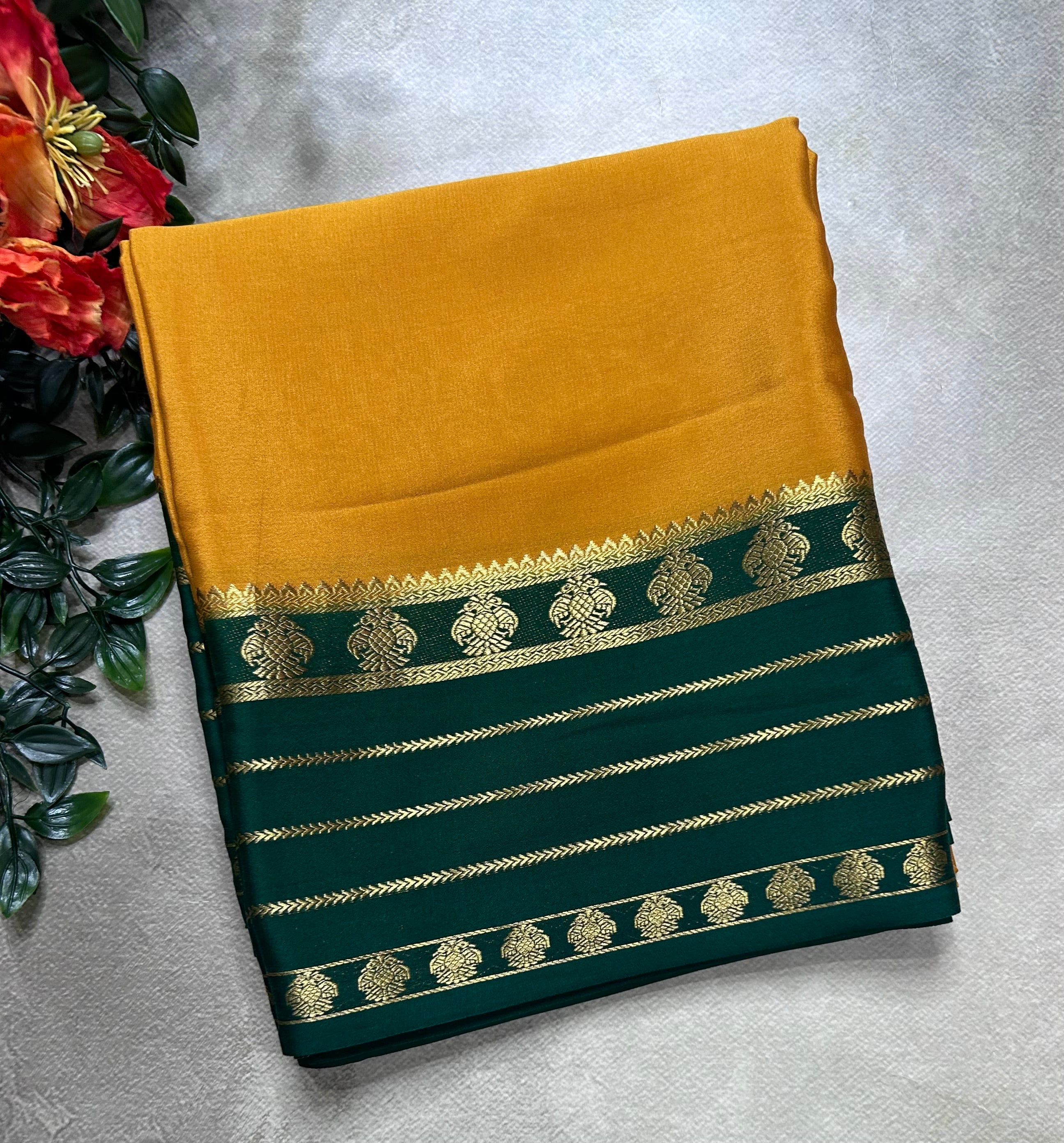 Mustard Yellow stripes border pure mysore silk saree(YMS106)