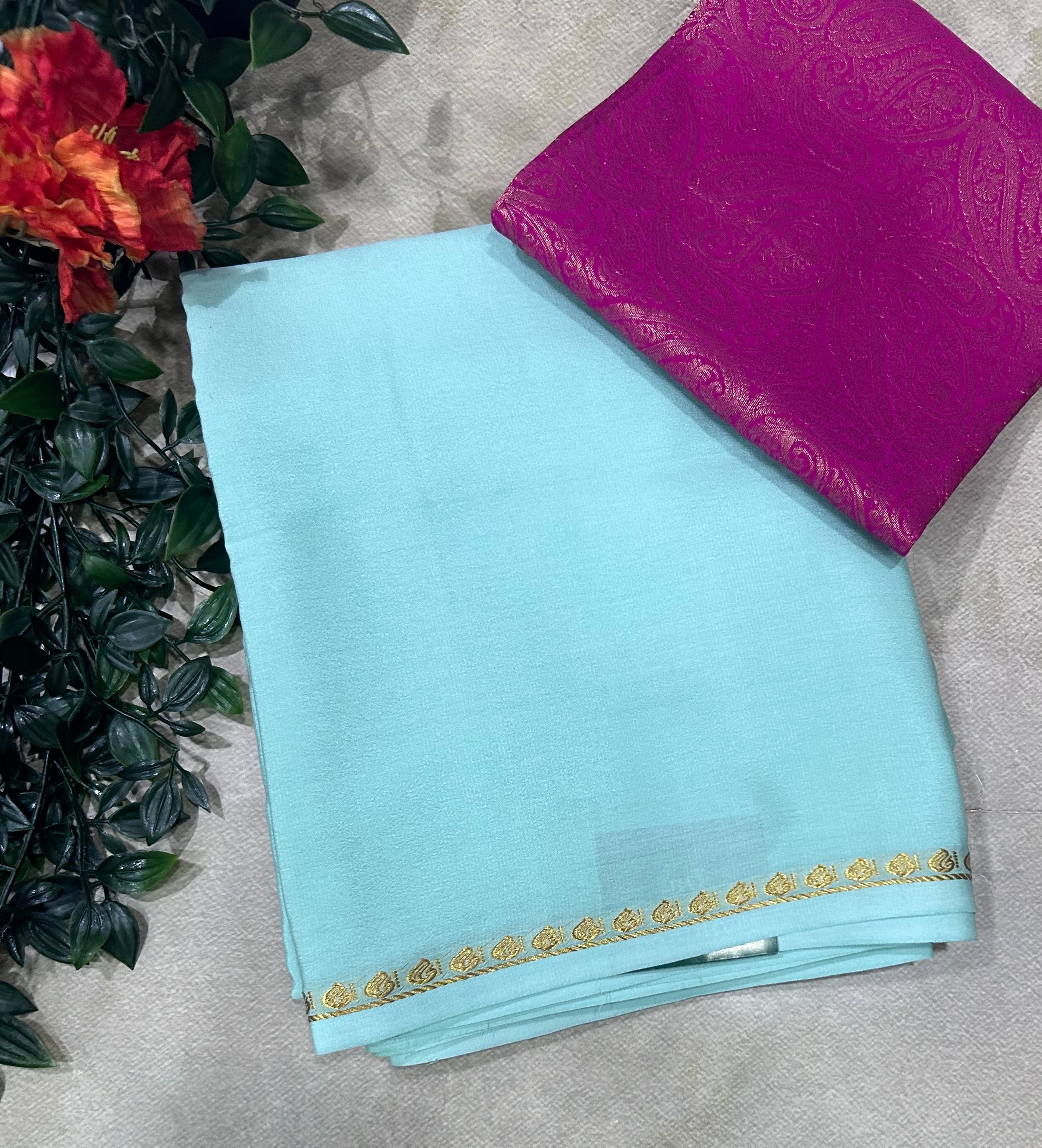 Sea green plain pure mysore crepe silk saree with Mysore brocade blouse piece(MSM106)