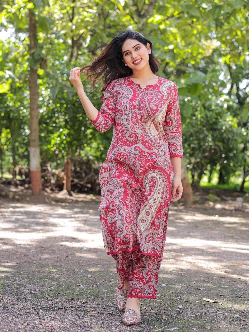 “KALI" Red Kalamkari Mul Cotton Cord Set Kurtha