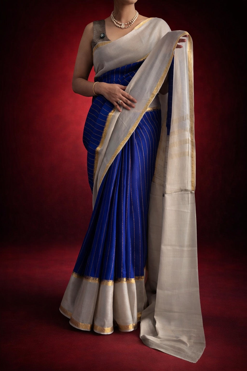 Royal blue n grey pure wrinkle crepe silk saree