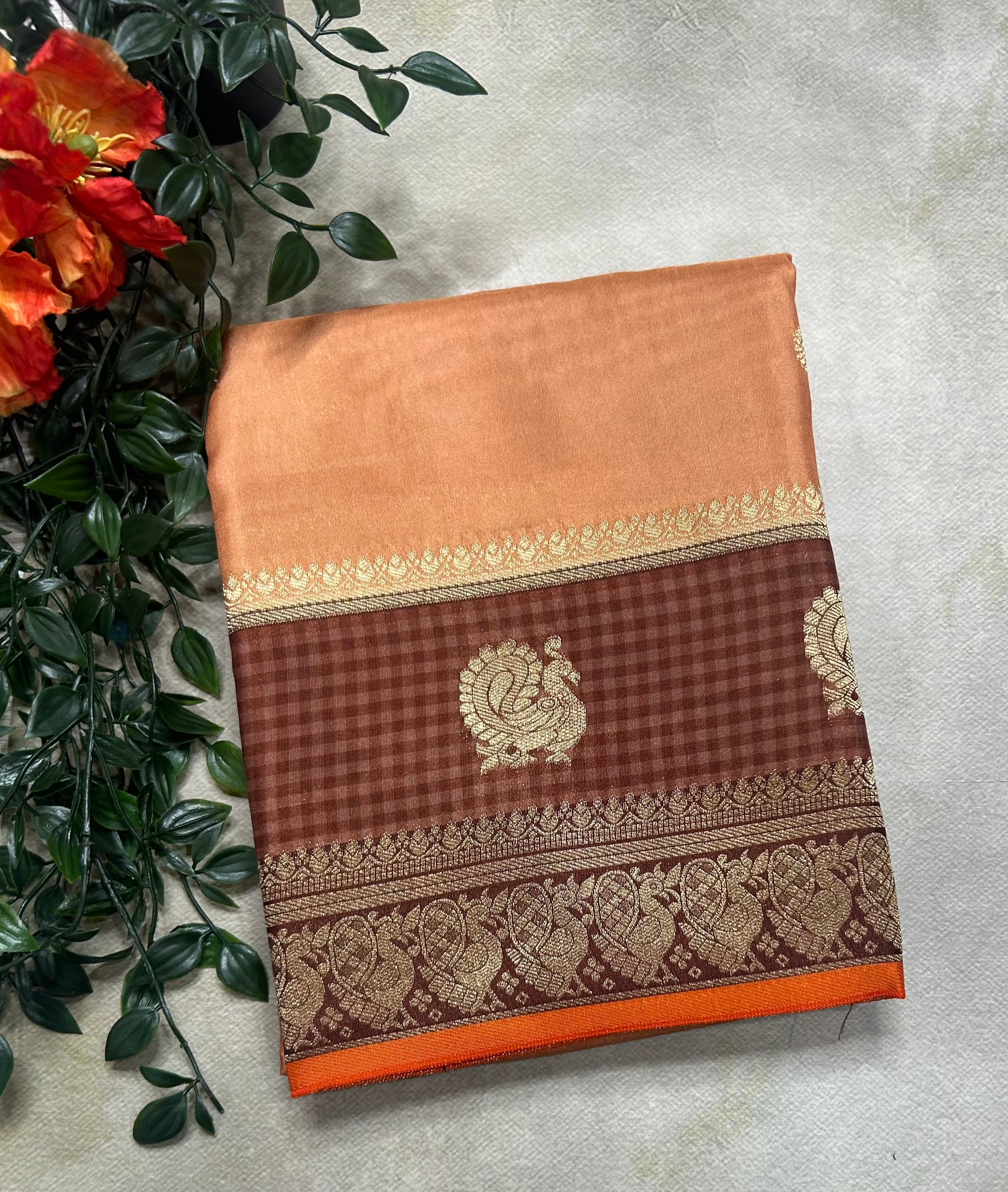 Light brown border Butta semi Mysore crepe saree