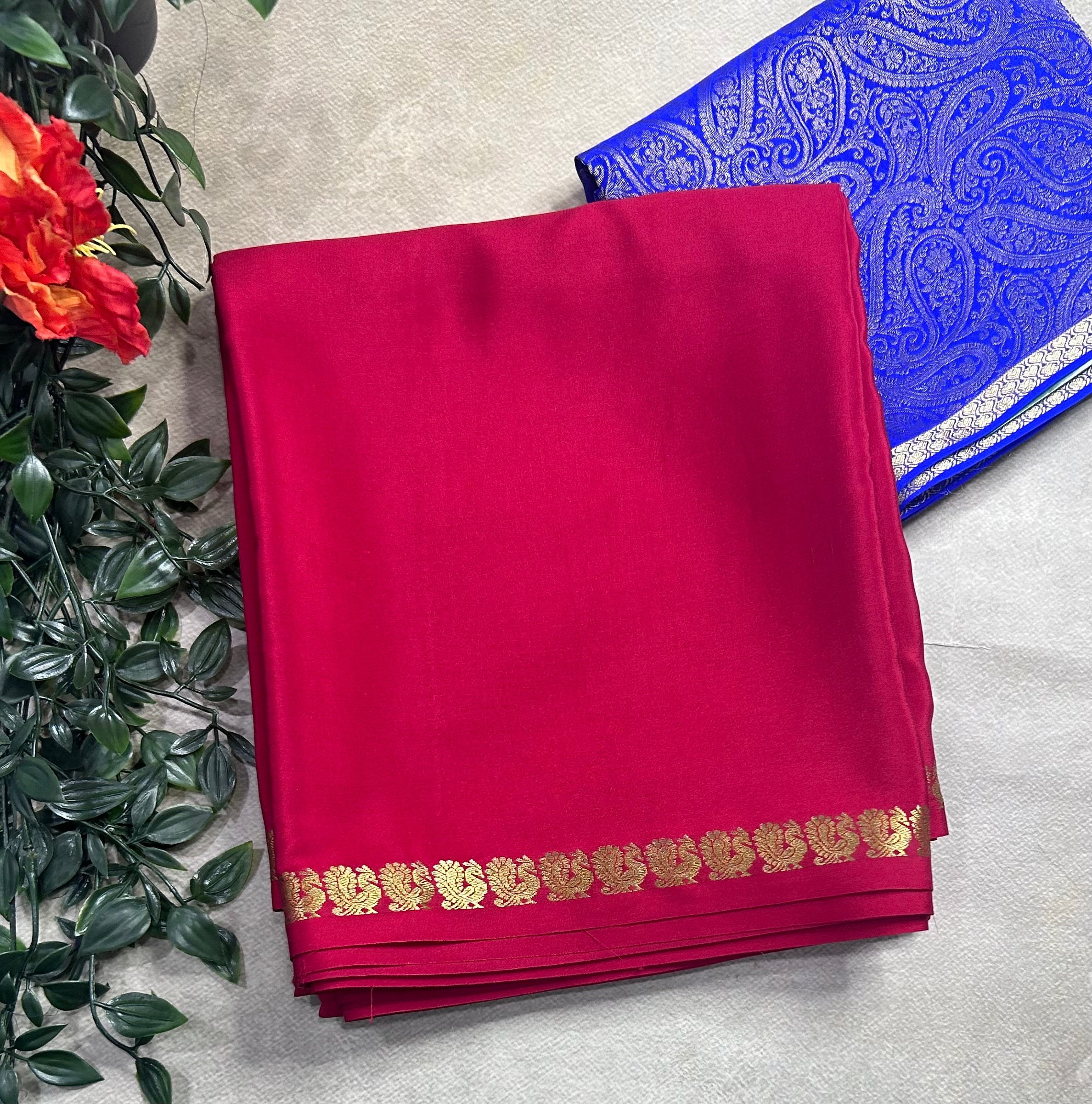 Red plain pure mysore crepe silk saree with Mysore brocade blouse piece(MSM106)