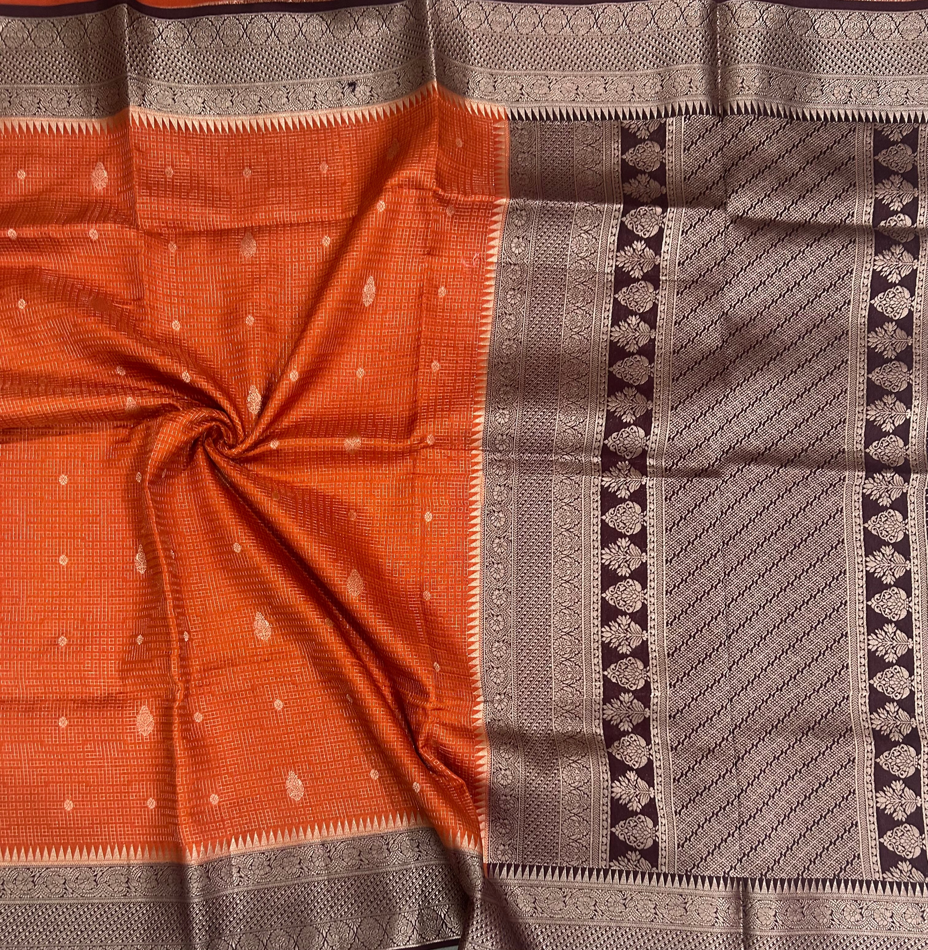Orange contrast dola checks 103 saree