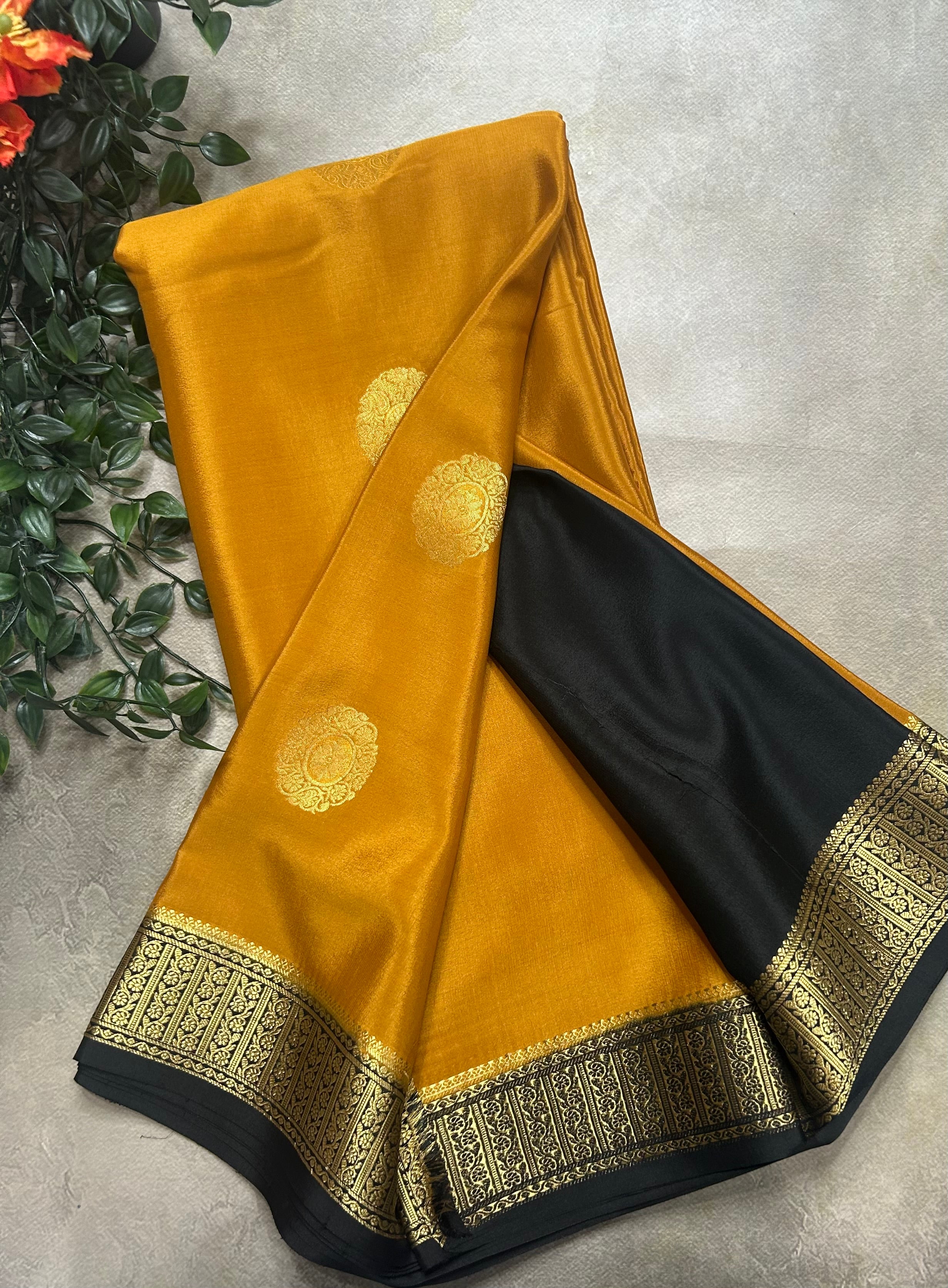 Mustard yellow n black big Butta pure Mysore silk-104 saree