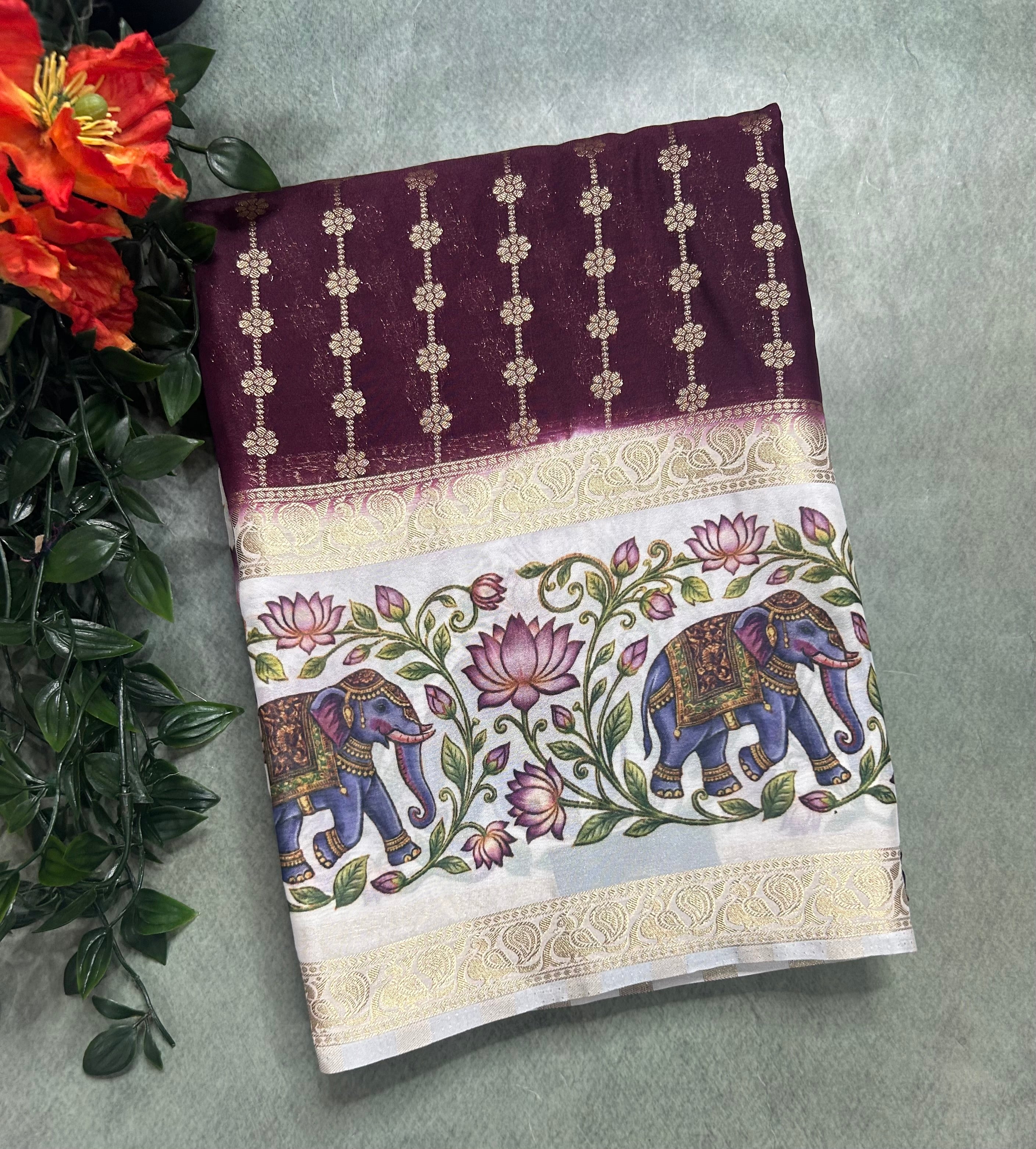 Wine bentex border printed semi Mysore 105 saree