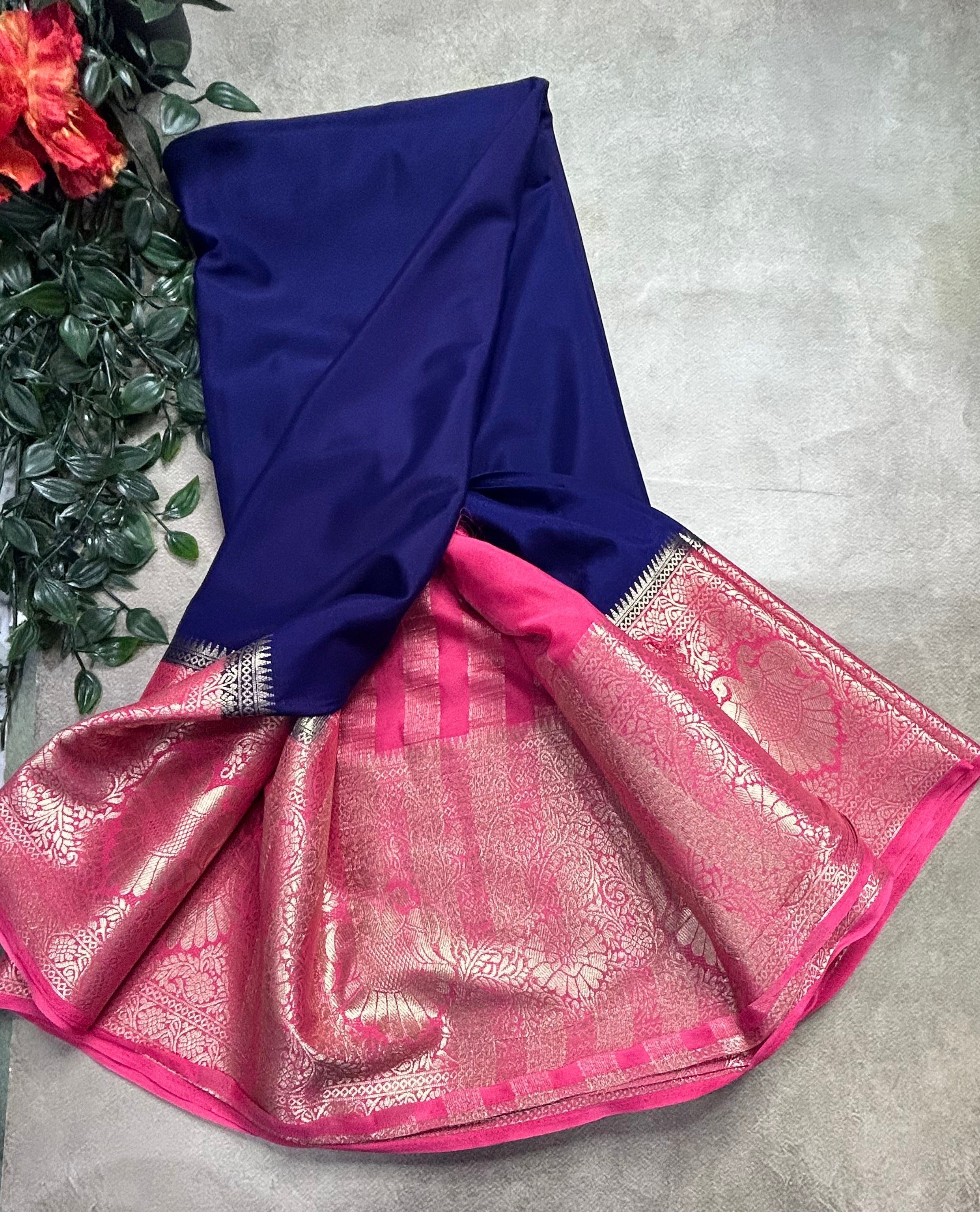 Navy blue contrast long border soft semi Mysore crepe 106 saree