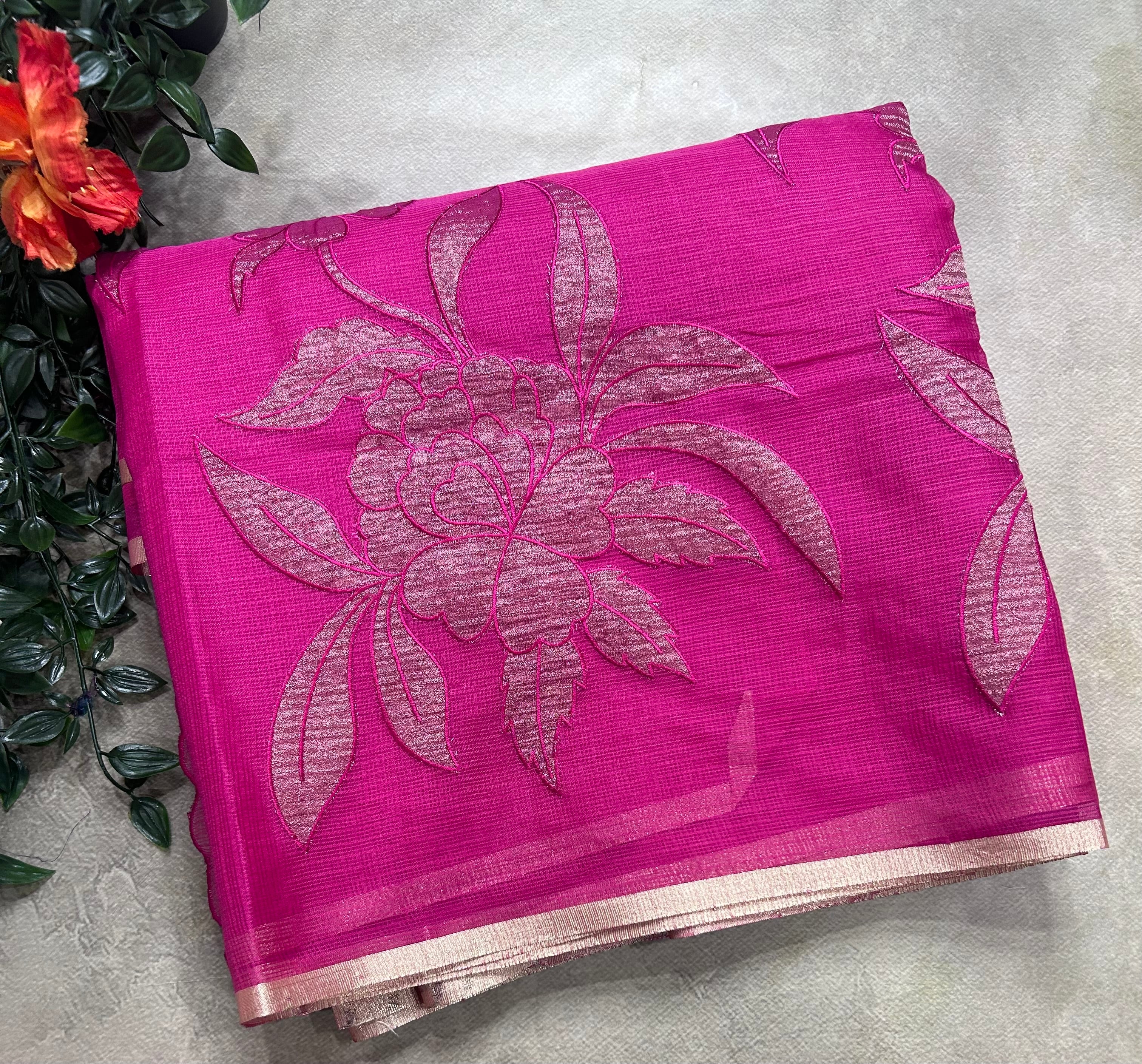 Pink  kota checks appliqué work 106 saree