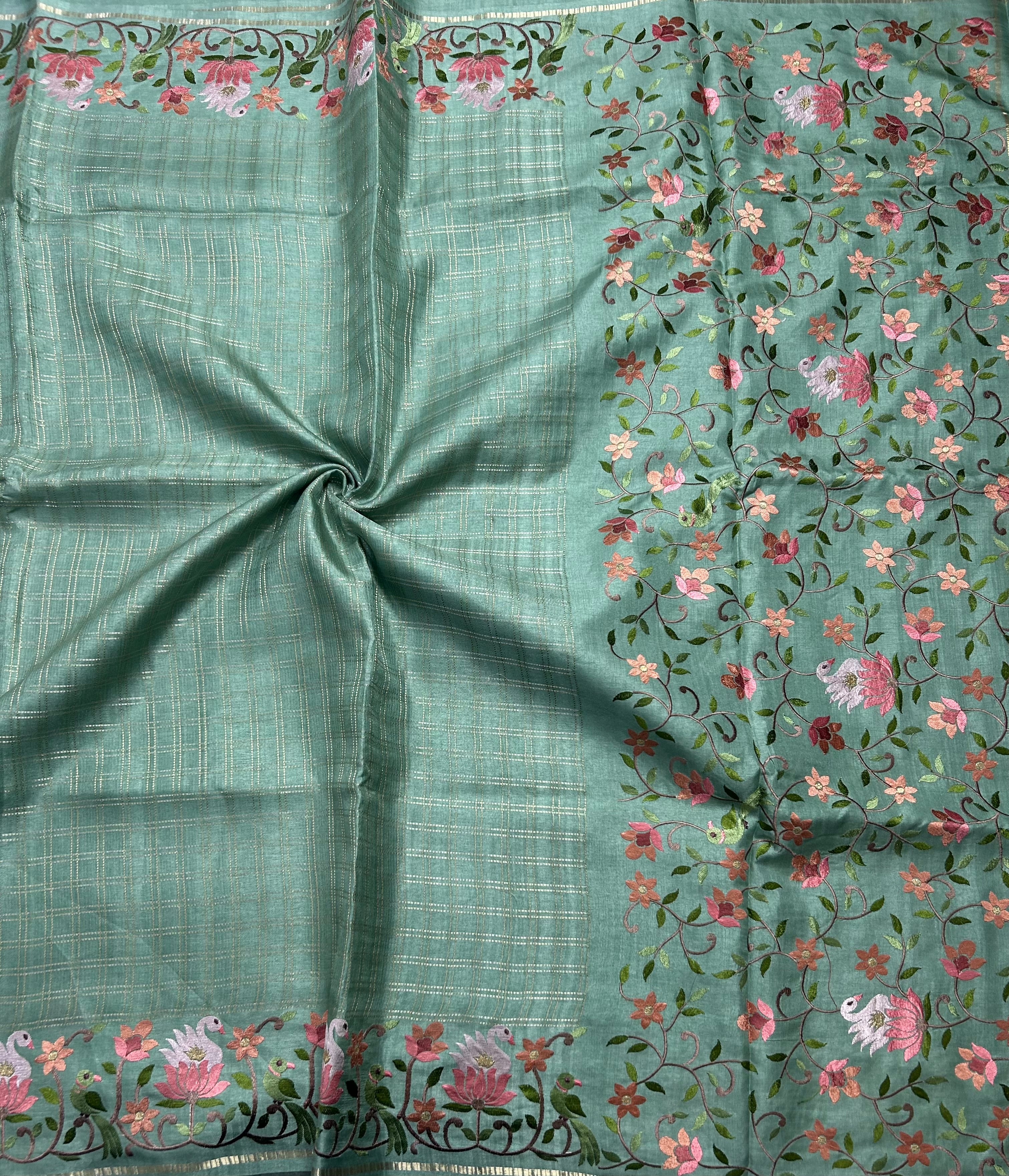 Sea green checks embroidery border semi Tussar 105 saree