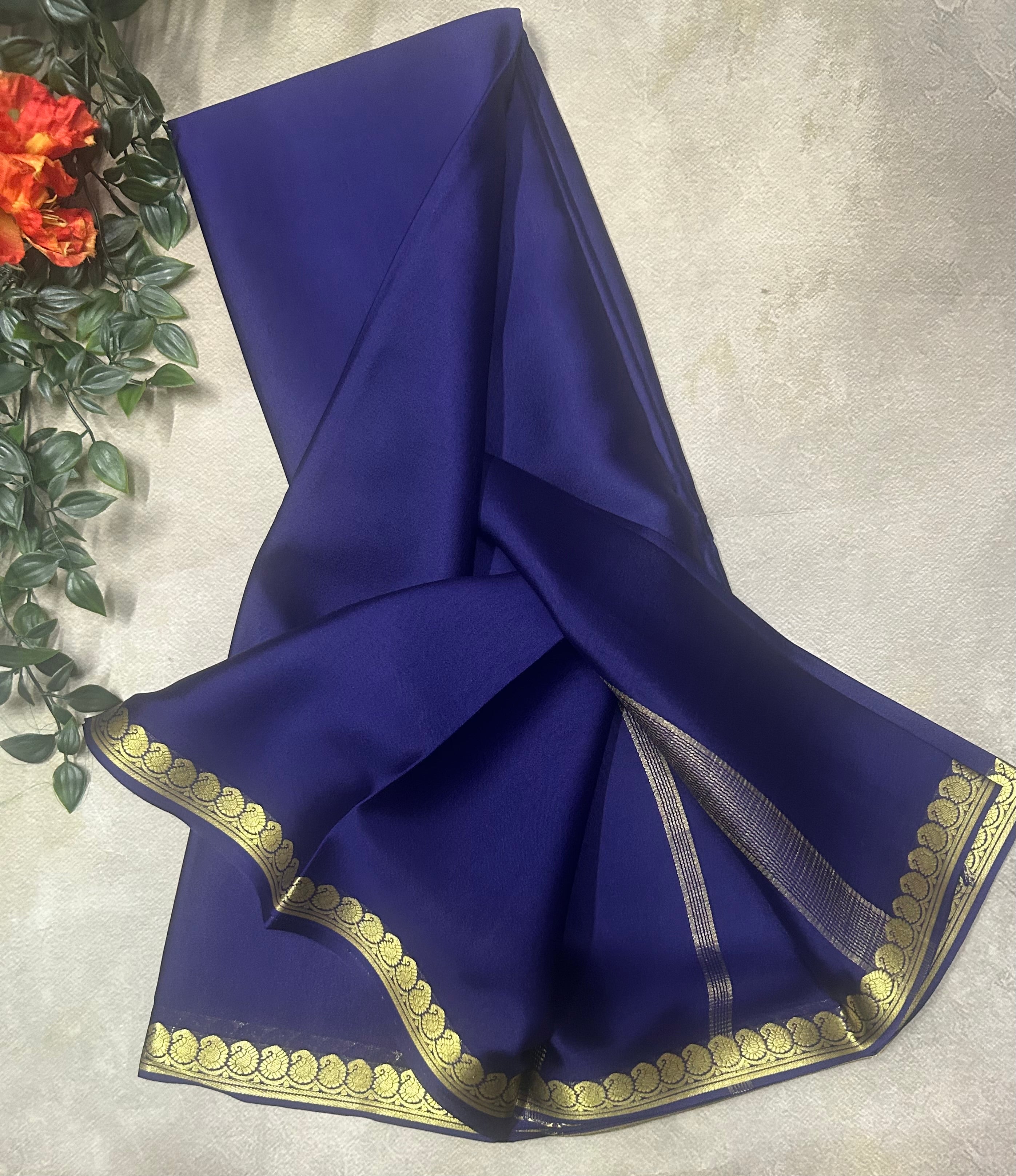 Navy blue small border pure Mysore silk saree