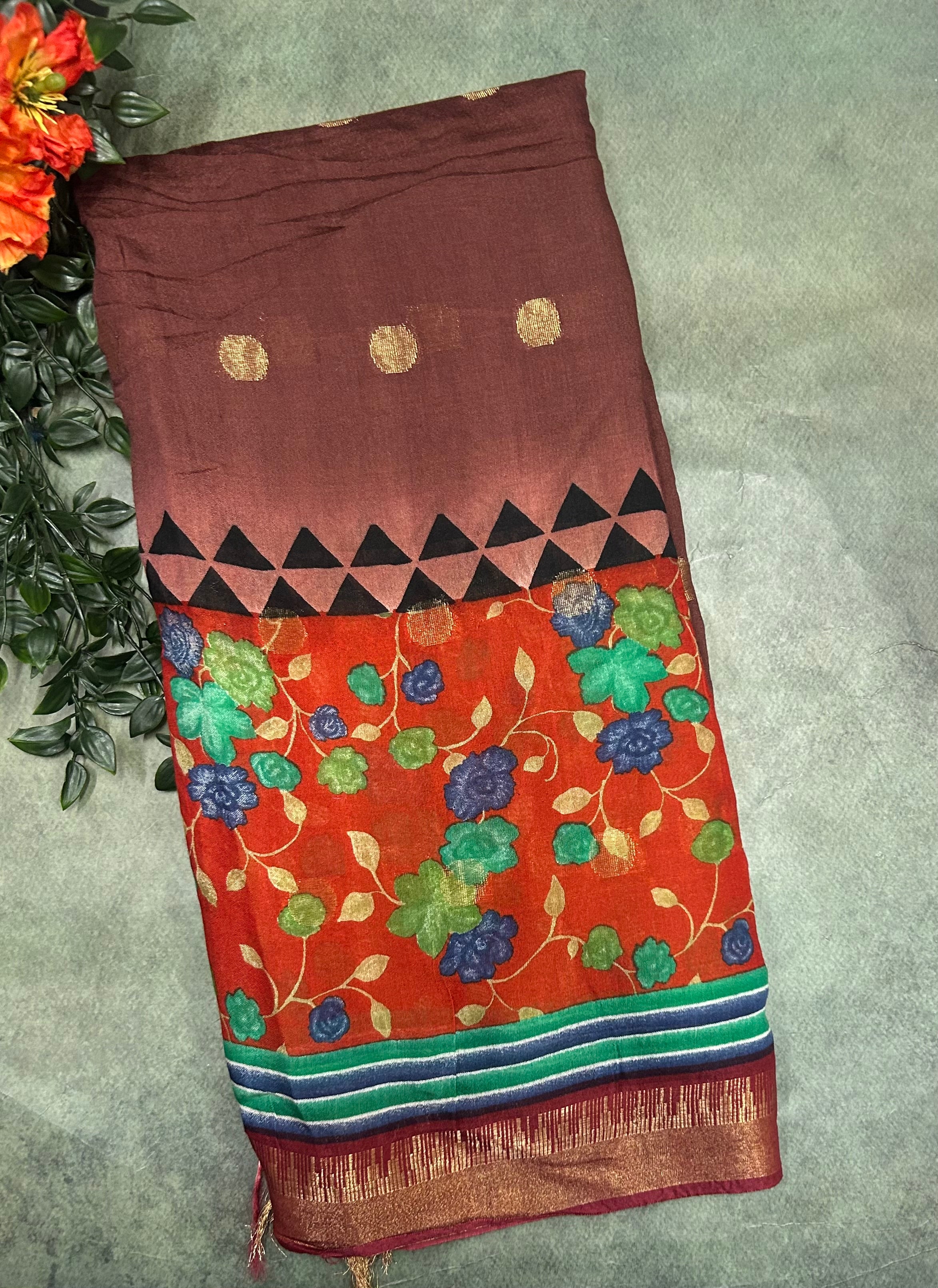 Brown kalamkari border soft Tussar crepe saree