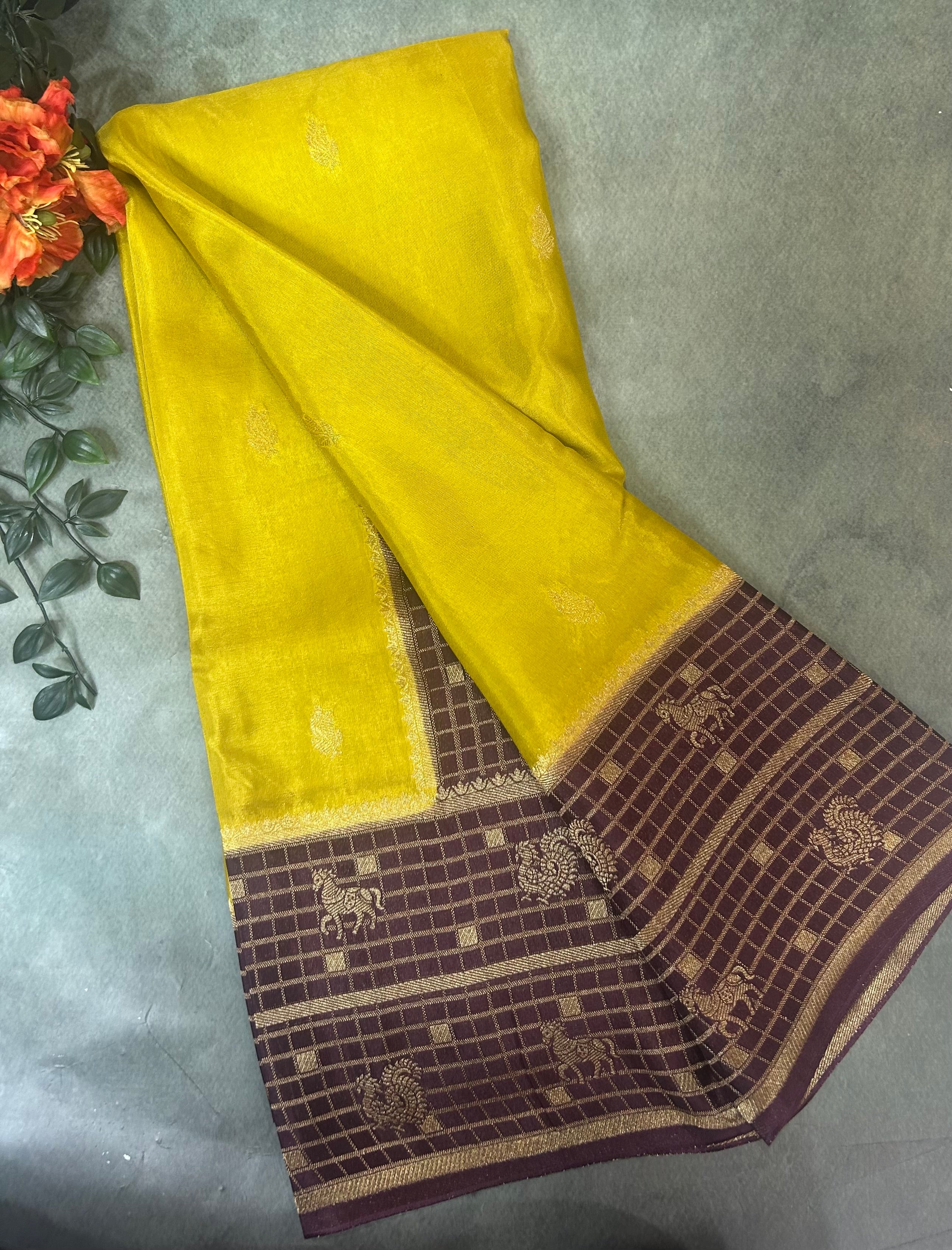 Yellow Checks border semi Mysore 104 saree