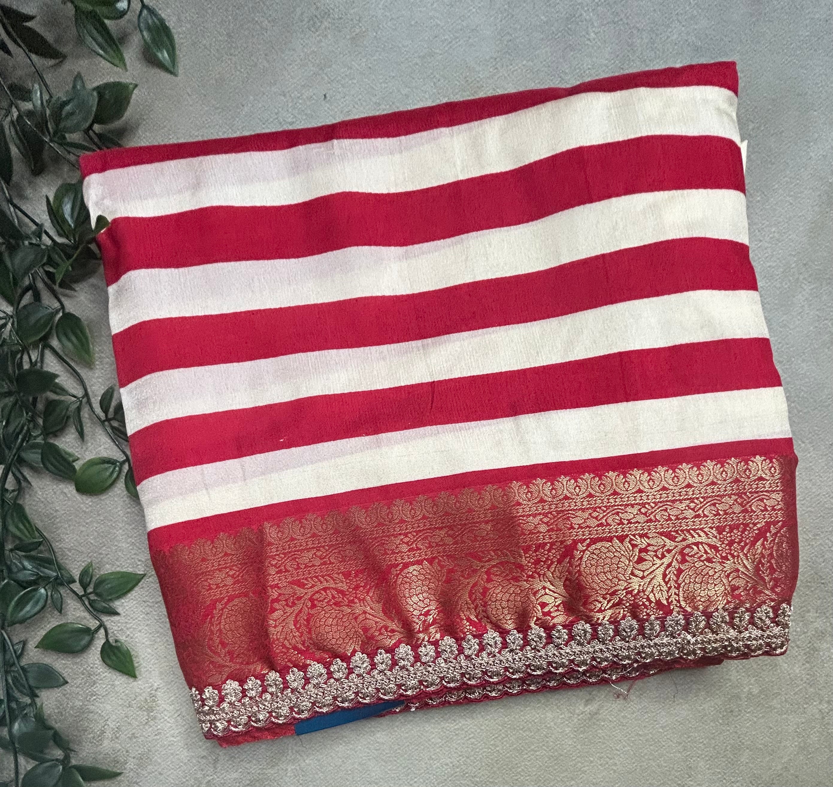 White n red stripes party wear small border saree