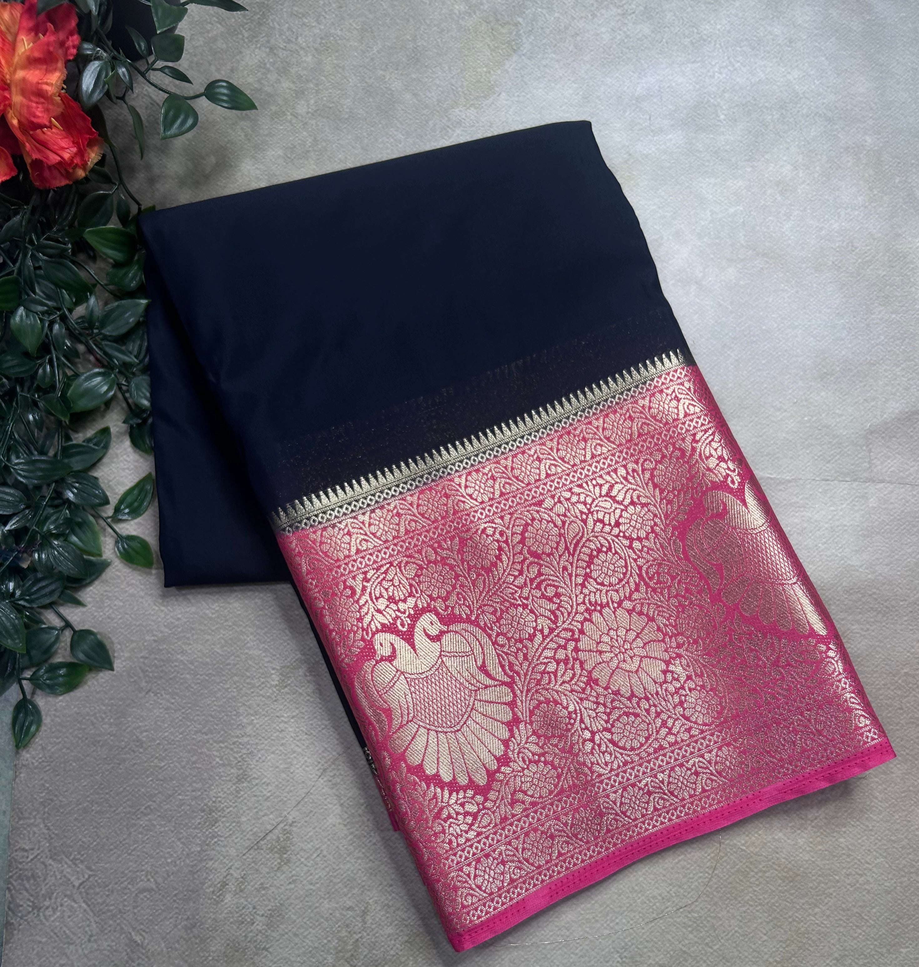 Black contrast long border soft semi Mysore crepe 106 saree