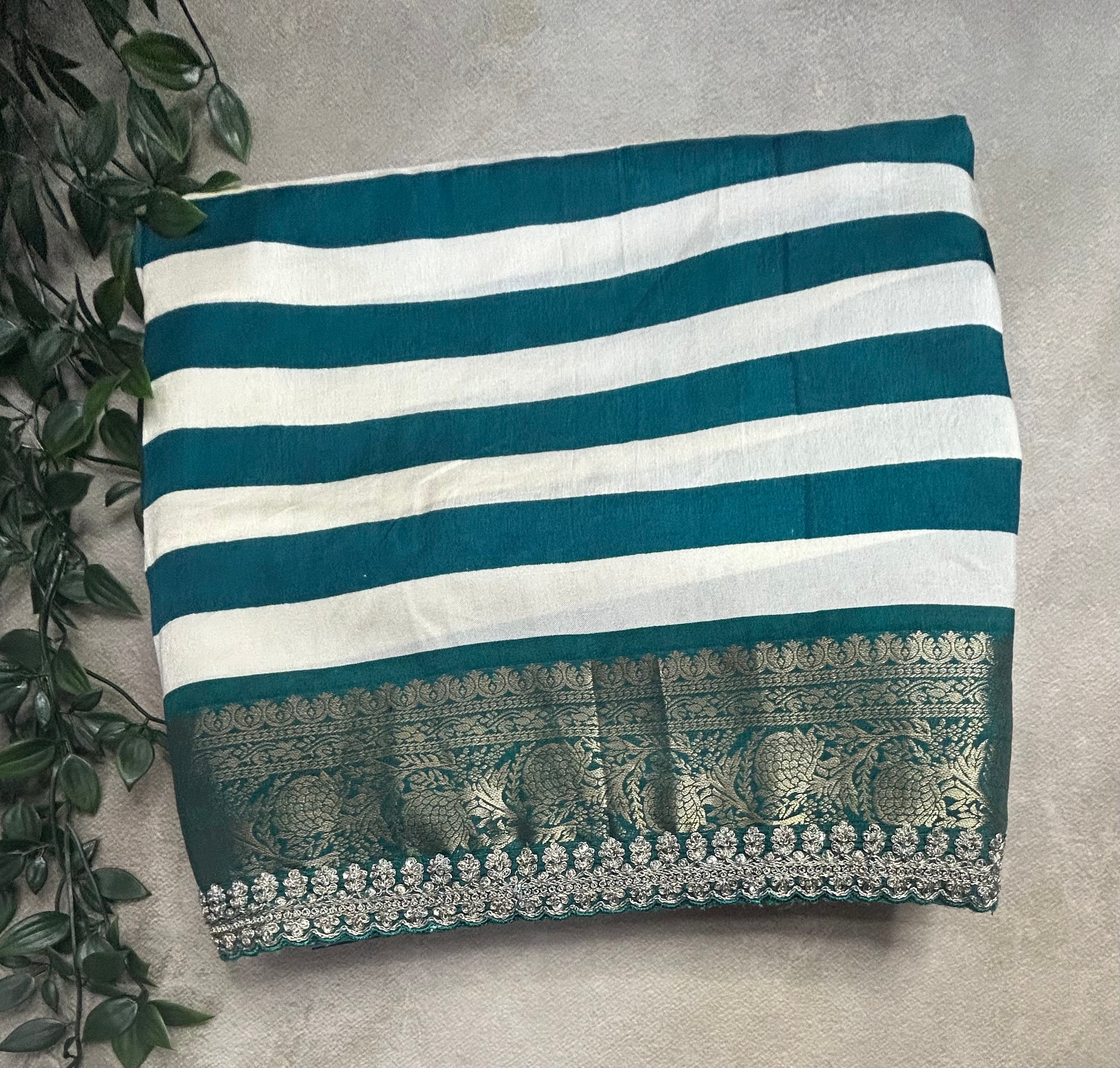 White n Rama green stripes party wear small border saree
