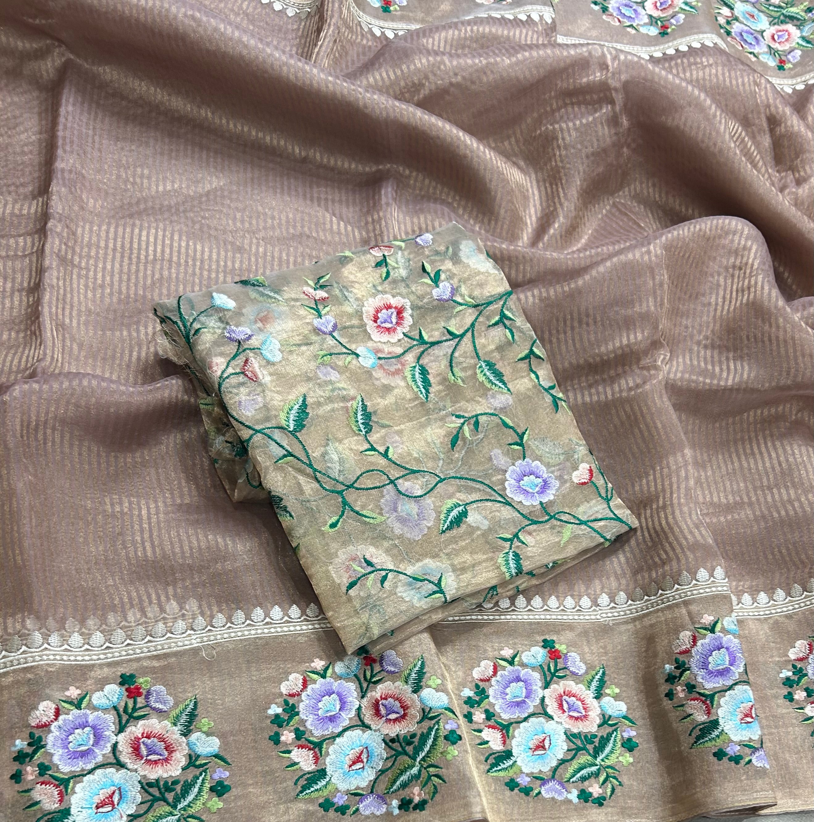 Rose gold stripes floral embroidery work pure organza 105 saree